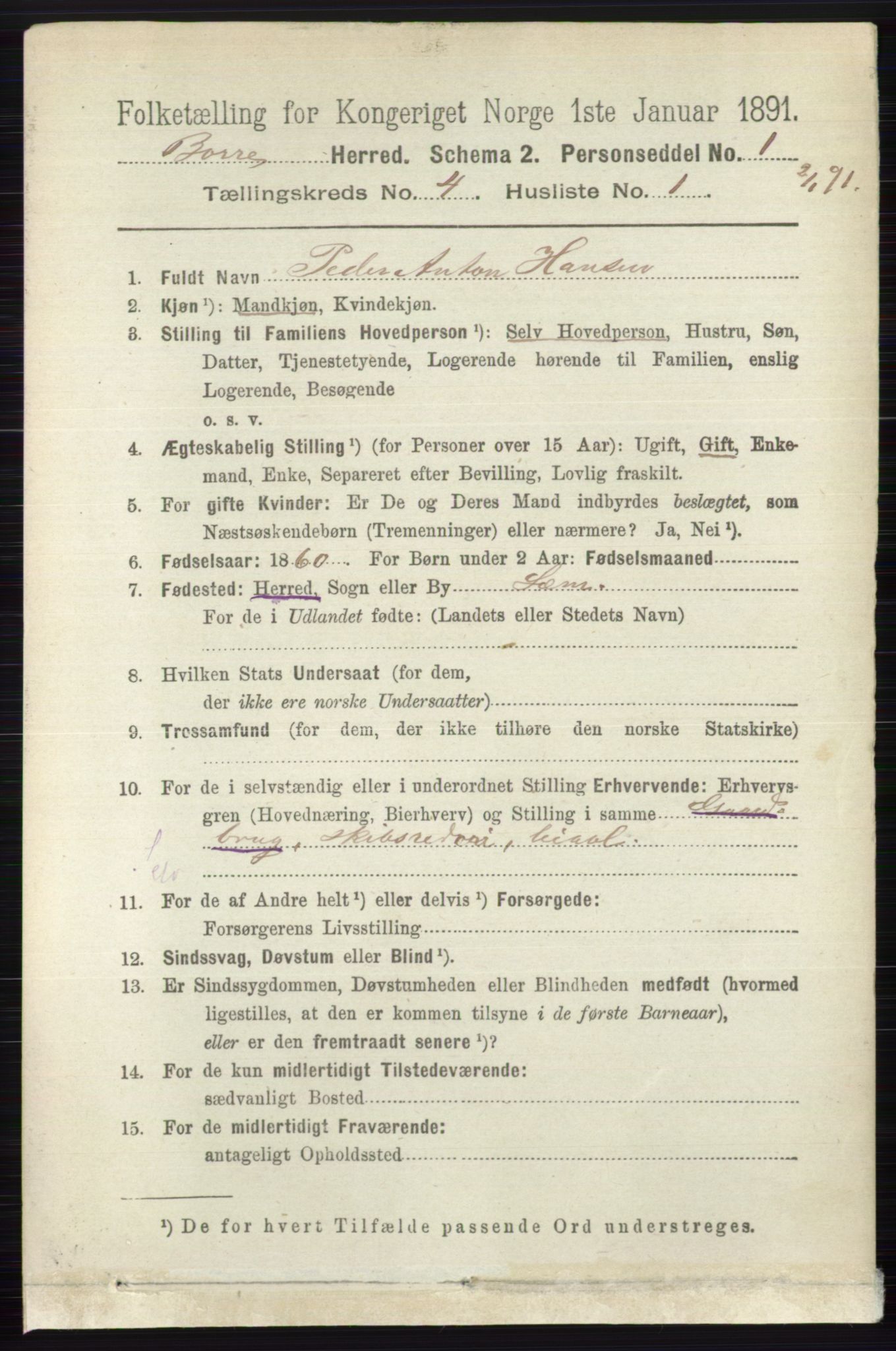 RA, 1891 census for 0717 Borre, 1891, p. 1667