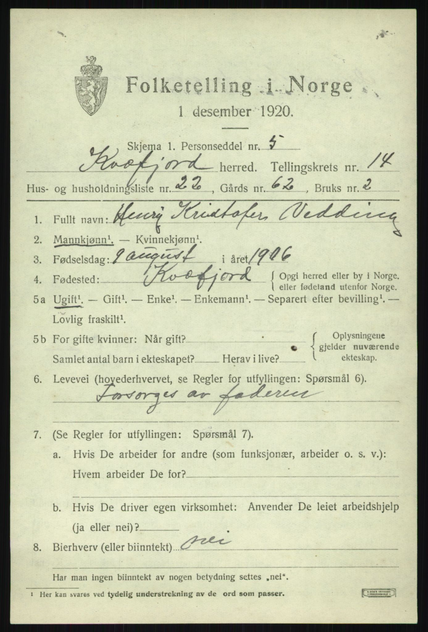 SATØ, 1920 census for Kvæfjord, 1920, p. 6905