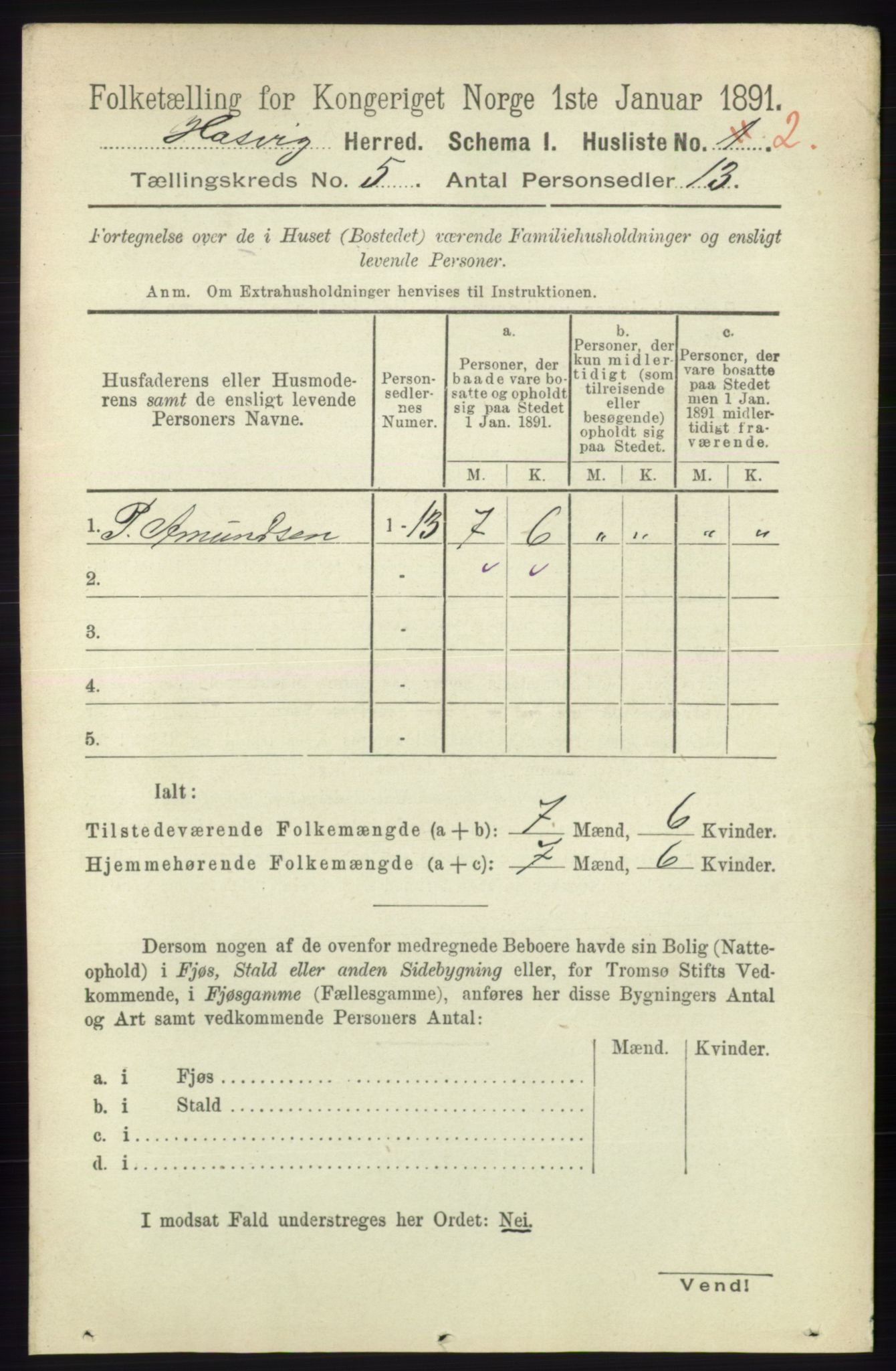 RA, 1891 census for 2015 Hasvik, 1891, p. 605