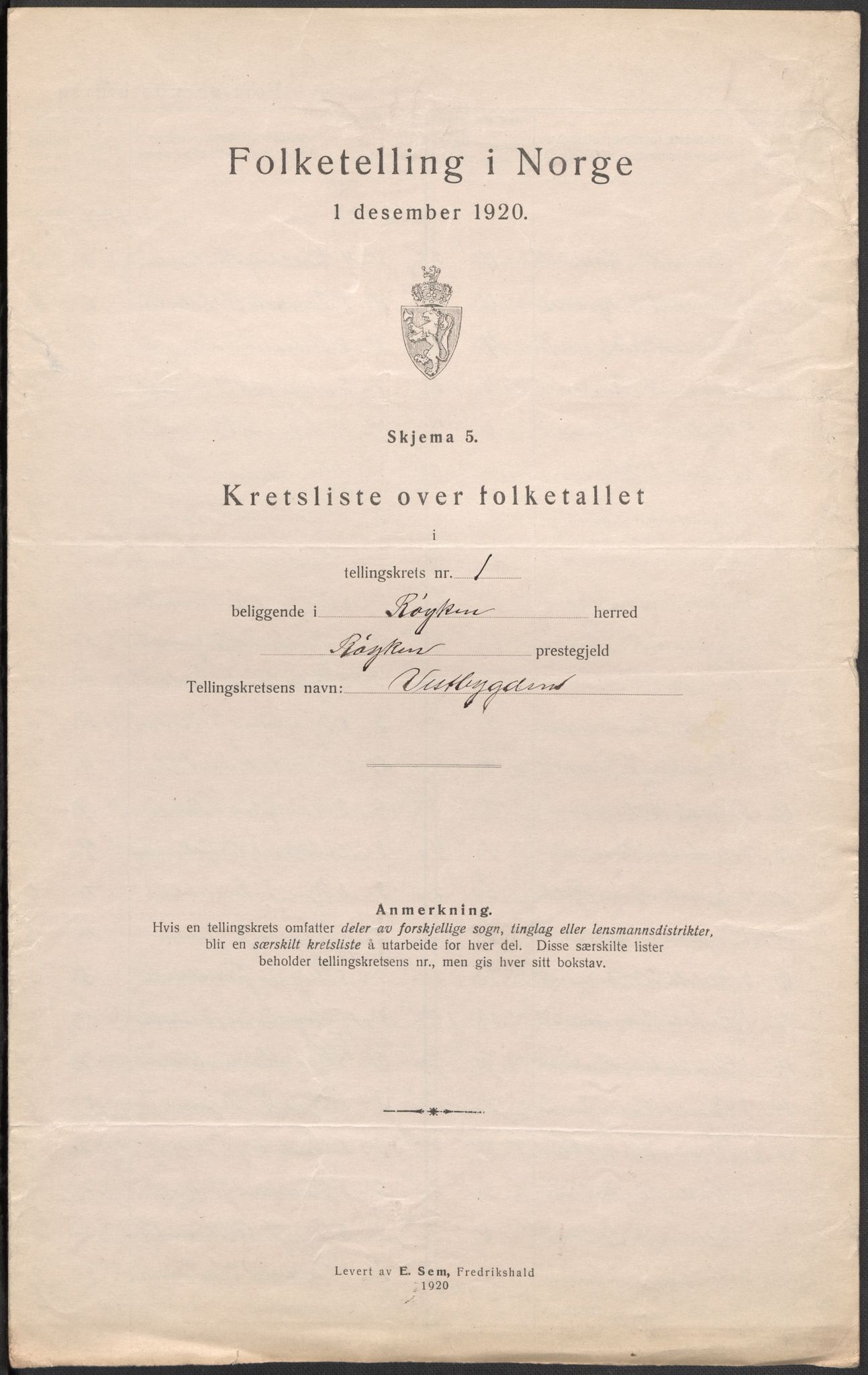 SAKO, 1920 census for Røyken, 1920, p. 8