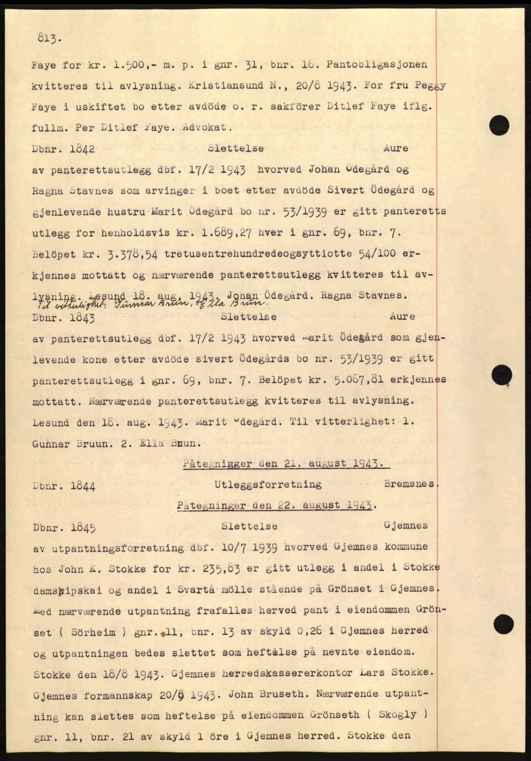 Nordmøre sorenskriveri, AV/SAT-A-4132/1/2/2Ca: Mortgage book no. C81, 1940-1945, Diary no: : 1842/1943