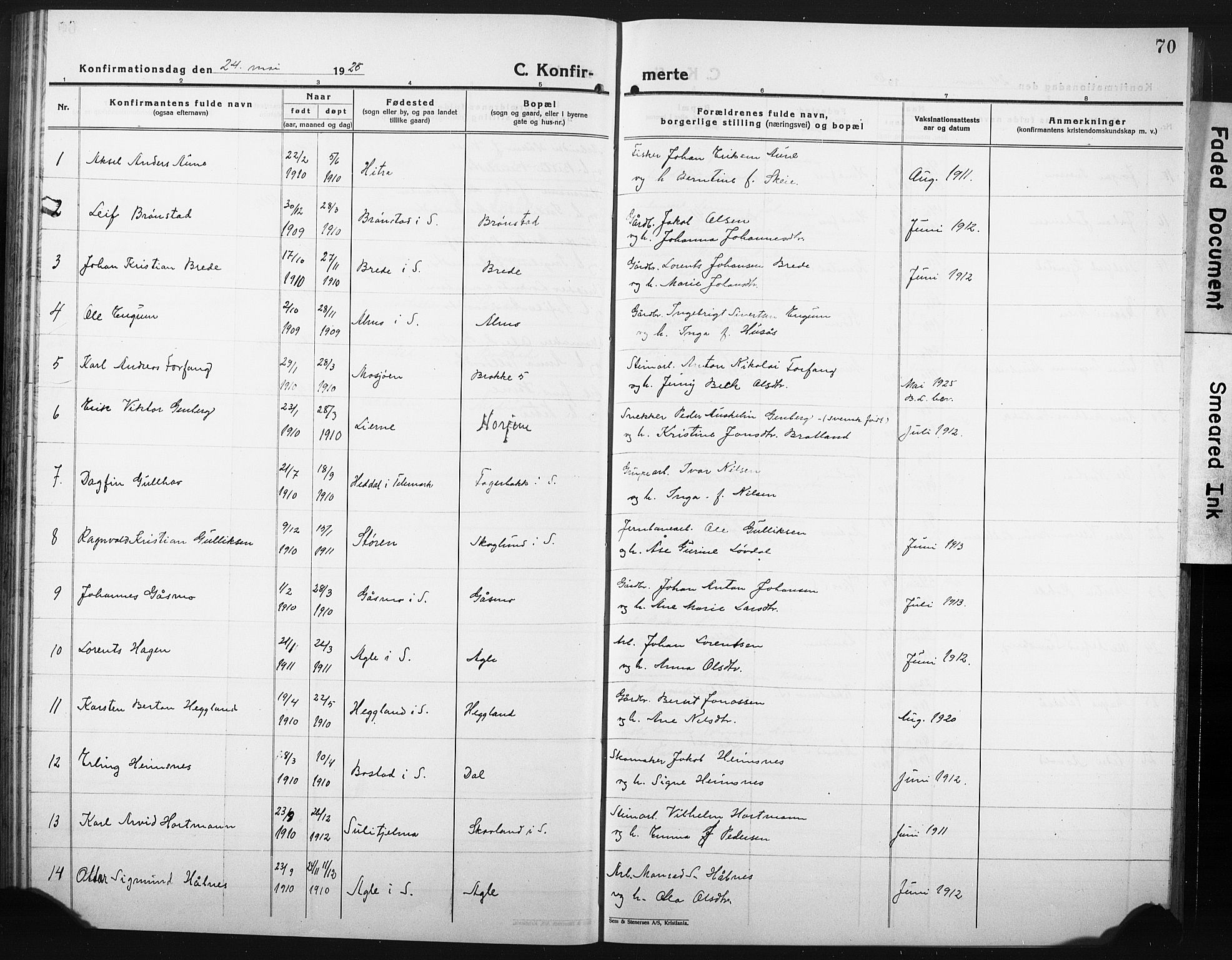 Ministerialprotokoller, klokkerbøker og fødselsregistre - Nord-Trøndelag, SAT/A-1458/749/L0480: Parish register (copy) no. 749C02, 1924-1932, p. 70