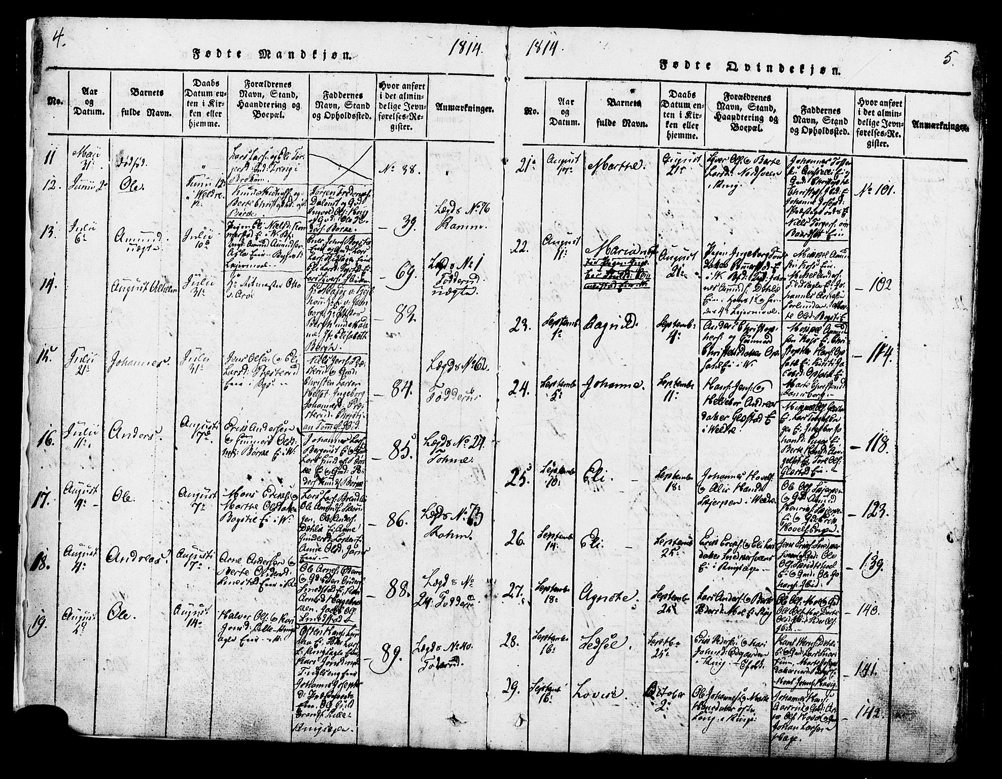 Ringsaker prestekontor, SAH/PREST-014/K/Ka/L0005: Parish register (official) no. 5, 1814-1826, p. 4-5