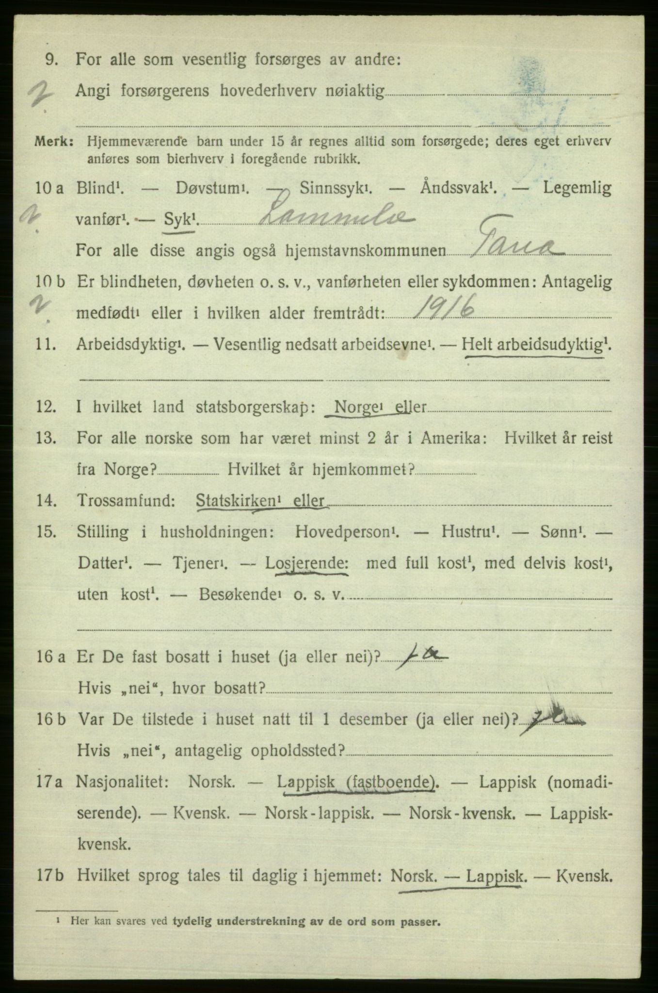 SATØ, 1920 census for Tana, 1920, p. 1161