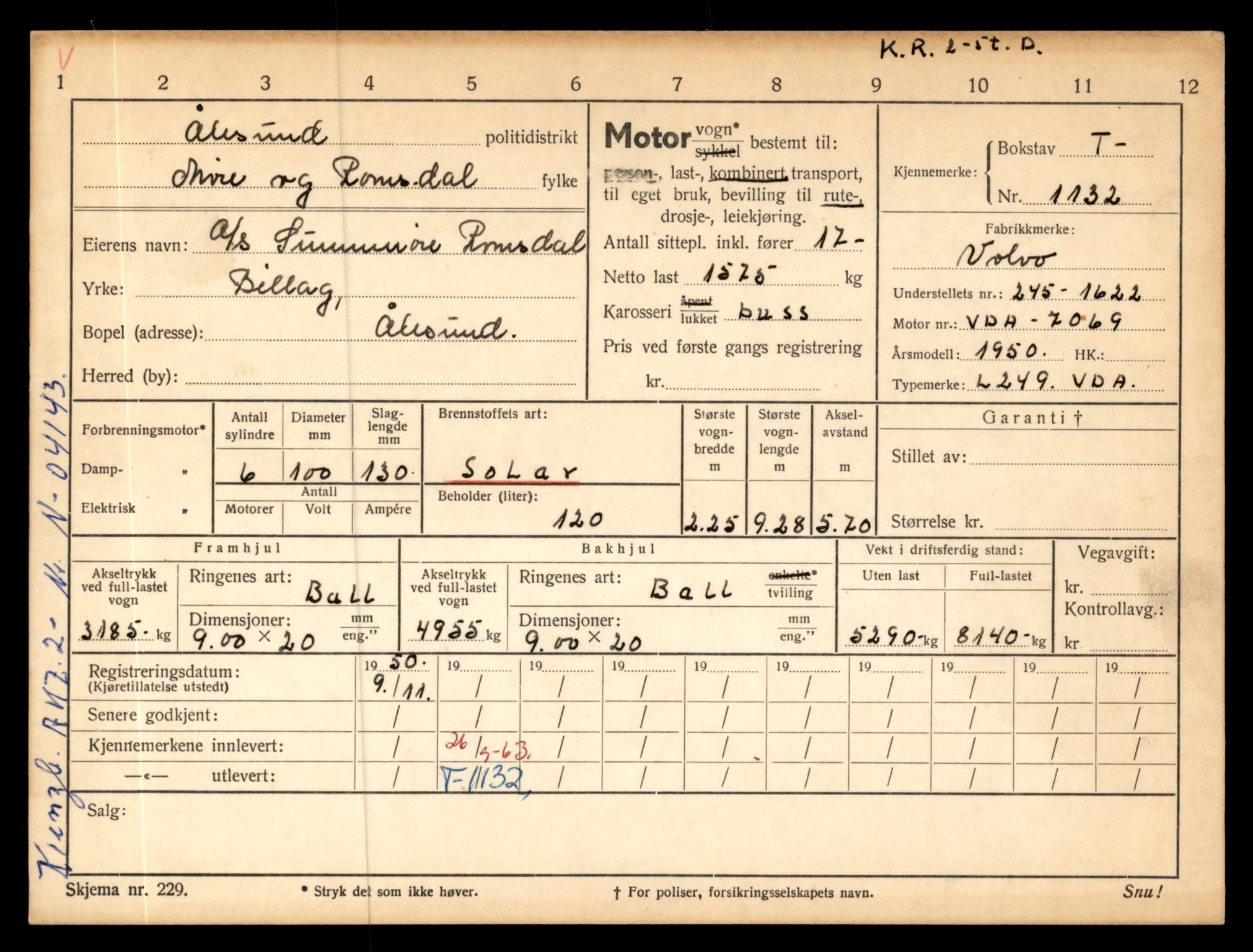 Møre og Romsdal vegkontor - Ålesund trafikkstasjon, AV/SAT-A-4099/F/Fe/L0010: Registreringskort for kjøretøy T 1050 - T 1169, 1927-1998, p. 2315