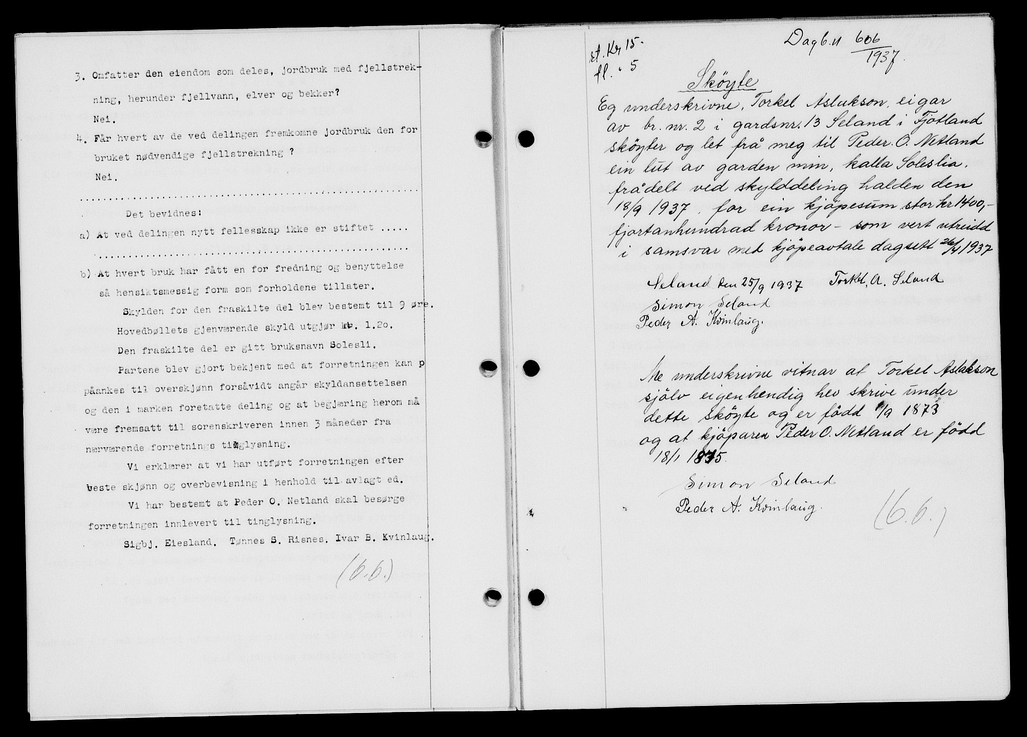 Flekkefjord sorenskriveri, AV/SAK-1221-0001/G/Gb/Gba/L0054: Mortgage book no. A-2, 1937-1938, Diary no: : 606/1937