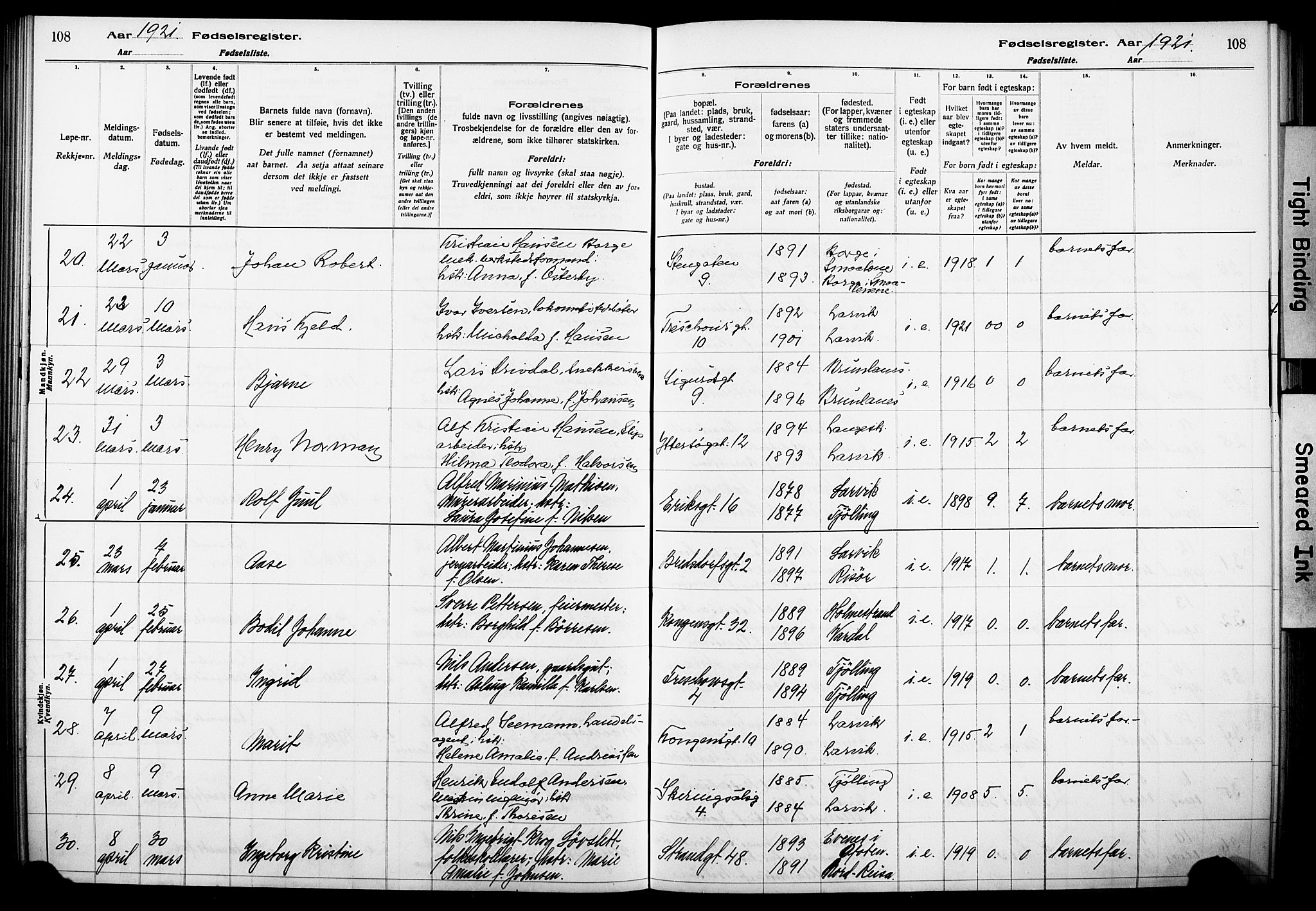 Larvik kirkebøker, AV/SAKO-A-352/J/Ja/L0001: Birth register no. I 1, 1916-1926, p. 108