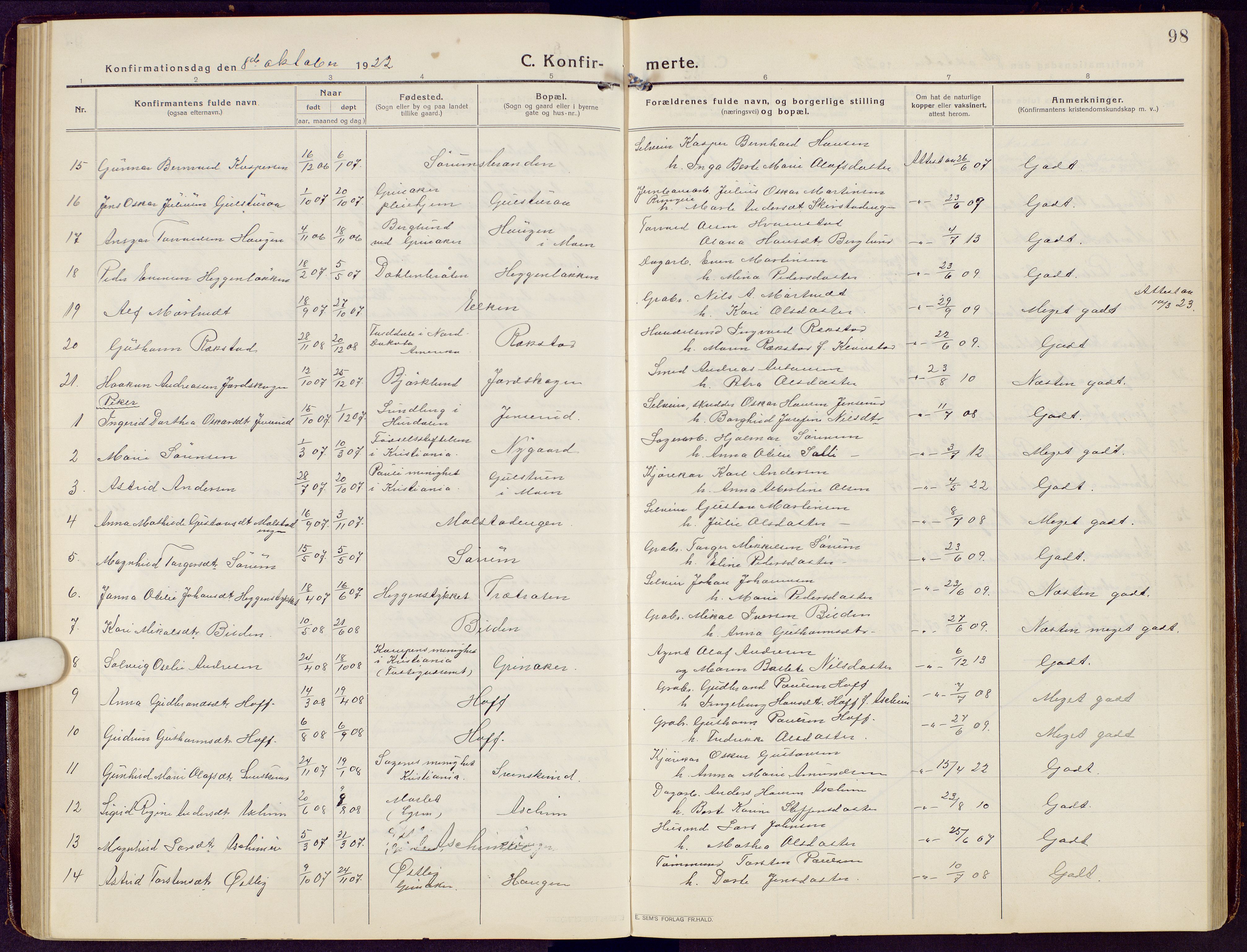 Brandbu prestekontor, SAH/PREST-114/H/Ha/Hab/L0010: Parish register (copy) no. 10, 1916-1930, p. 98