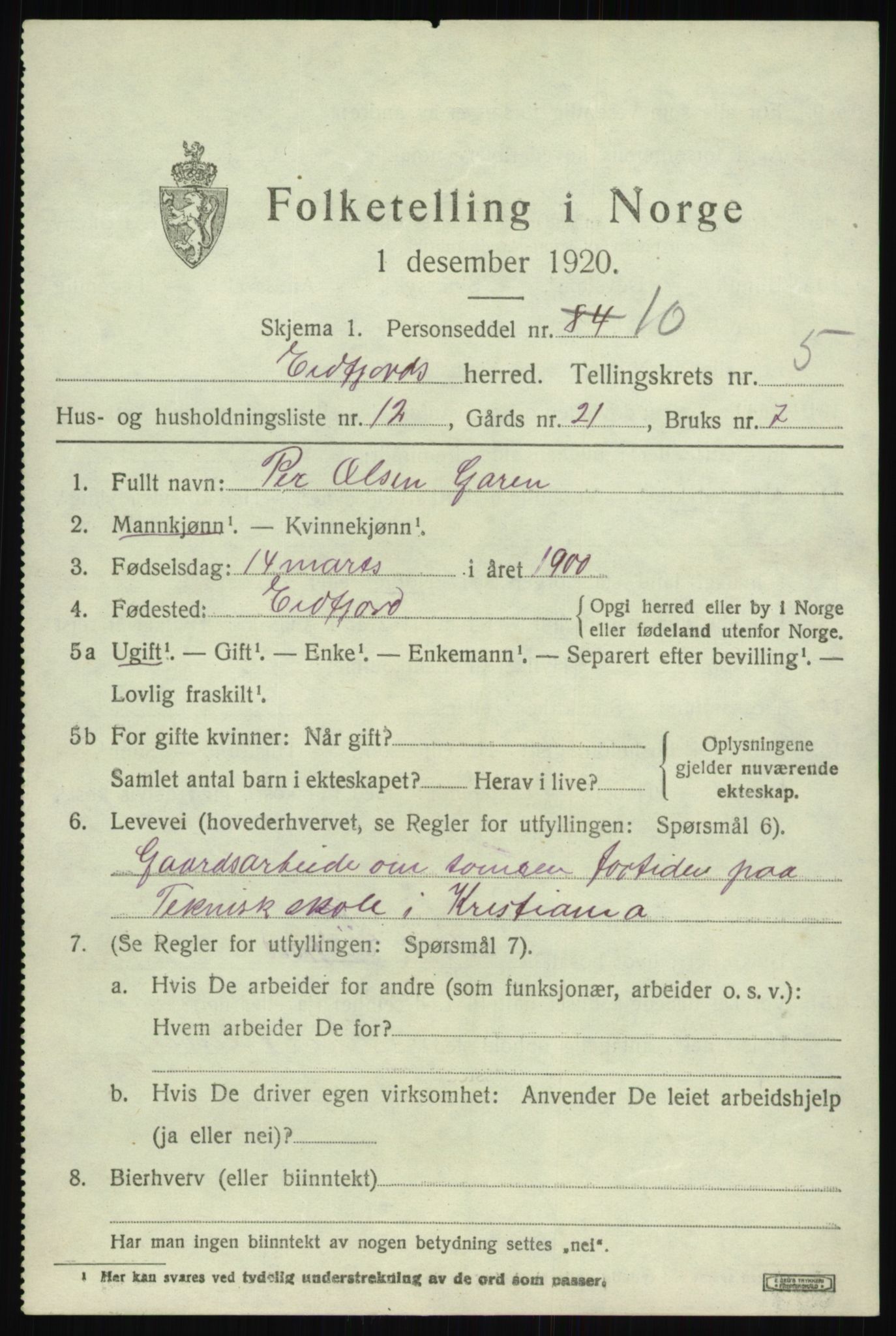 SAB, 1920 census for Eidfjord, 1920, p. 1918