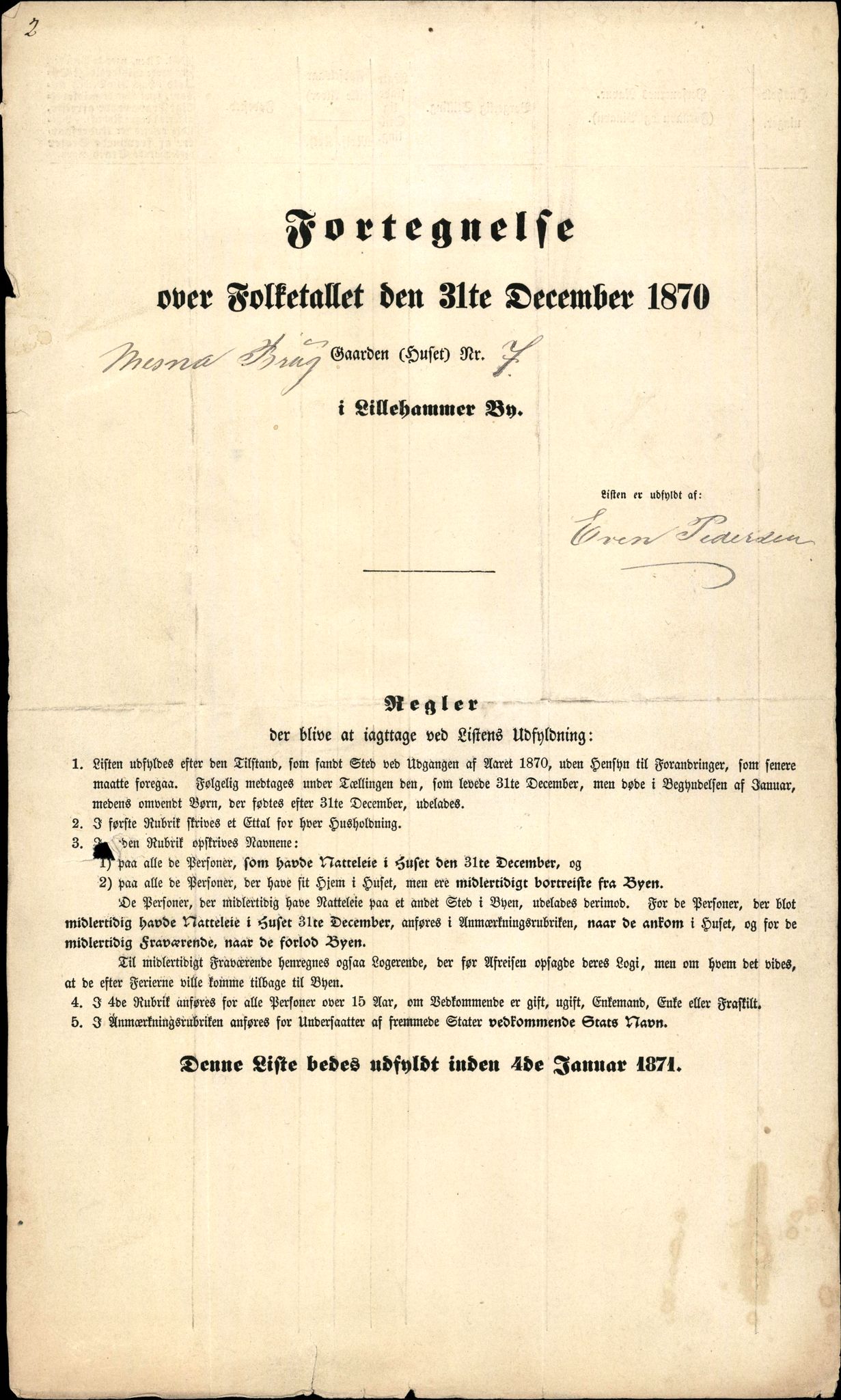 RA, 1870 census for 0501 Lillehammer, 1870, p. 2