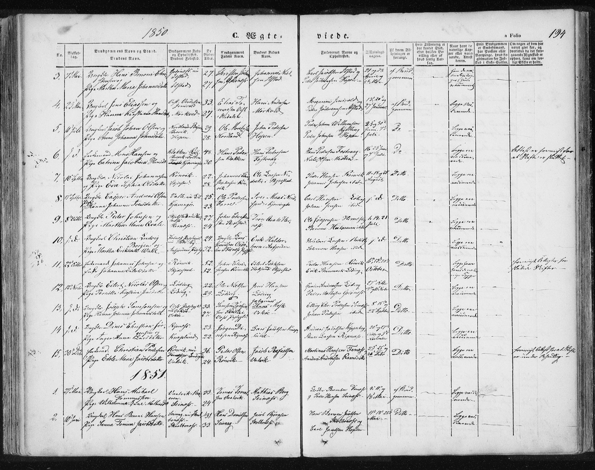 Ministerialprotokoller, klokkerbøker og fødselsregistre - Nordland, SAT/A-1459/801/L0007: Parish register (official) no. 801A07, 1845-1863, p. 194
