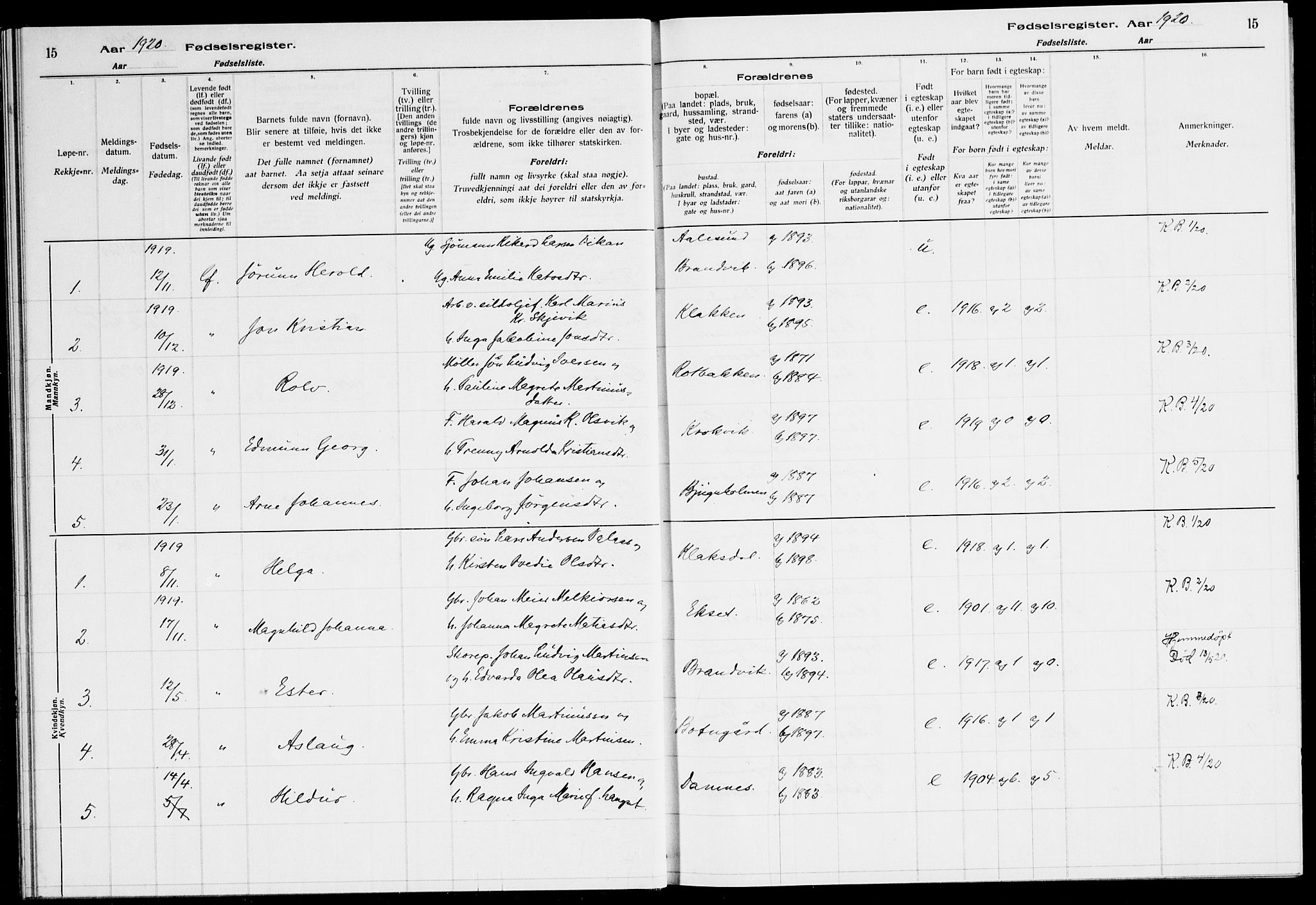 Ministerialprotokoller, klokkerbøker og fødselsregistre - Sør-Trøndelag, SAT/A-1456/651/L0650: Birth register no. 651.II.4.1, 1916-1923, p. 15