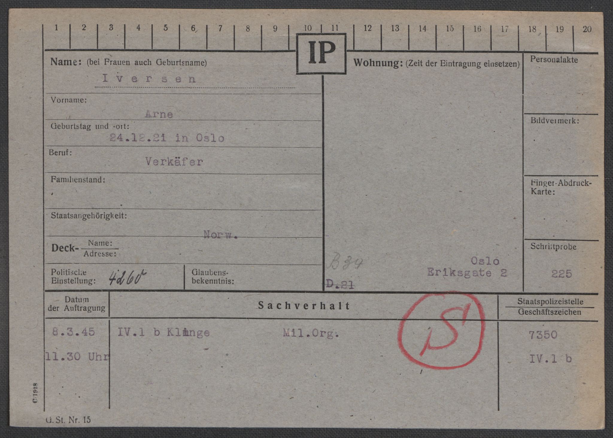 Befehlshaber der Sicherheitspolizei und des SD, RA/RAFA-5969/E/Ea/Eaa/L0005: Register over norske fanger i Møllergata 19: Hø-Kj, 1940-1945, p. 199