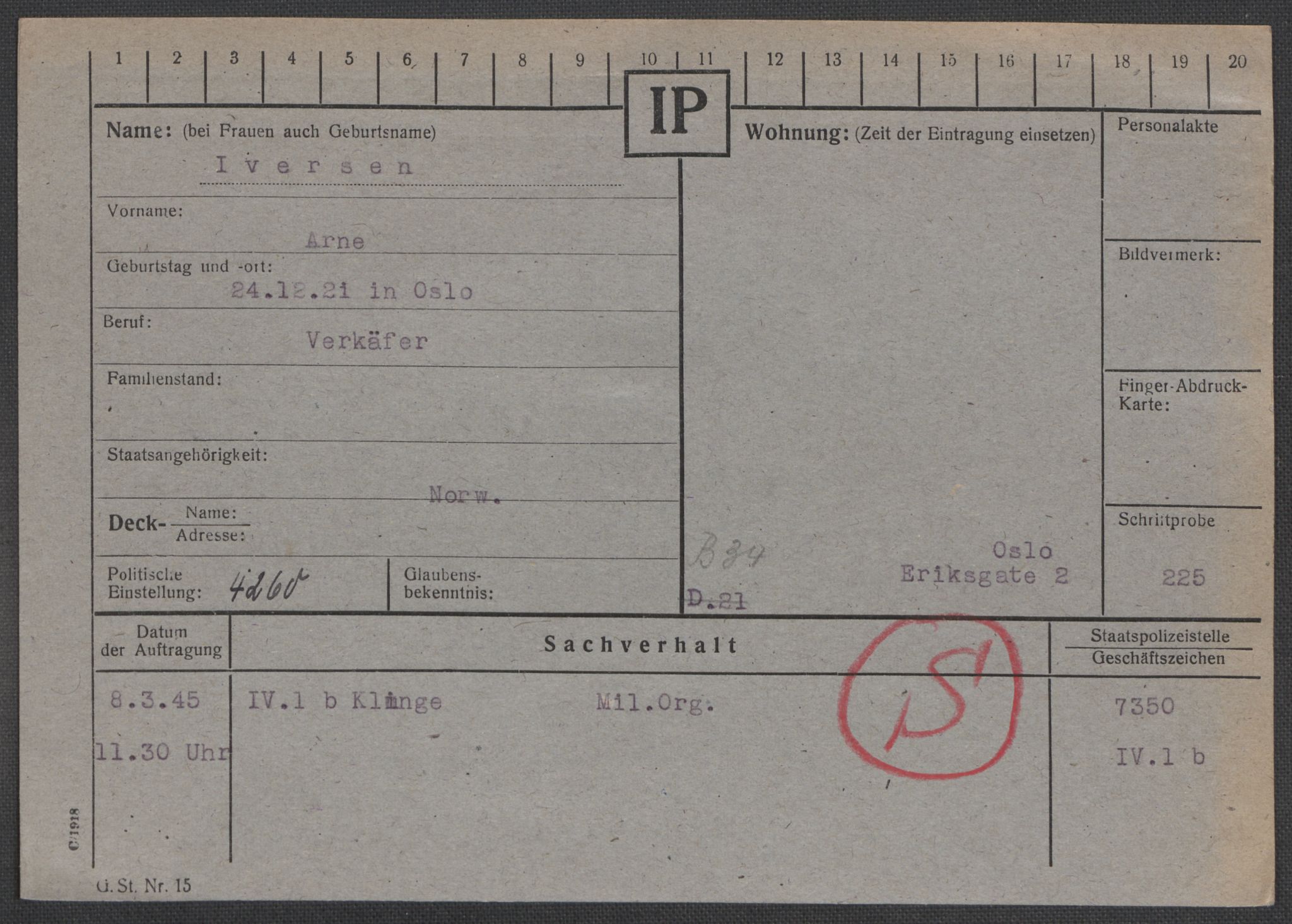 Befehlshaber der Sicherheitspolizei und des SD, AV/RA-RAFA-5969/E/Ea/Eaa/L0005: Register over norske fanger i Møllergata 19: Hø-Kj, 1940-1945, p. 199