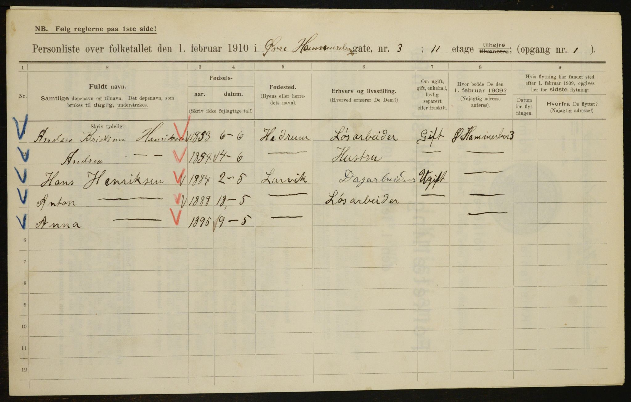 OBA, Municipal Census 1910 for Kristiania, 1910, p. 123111