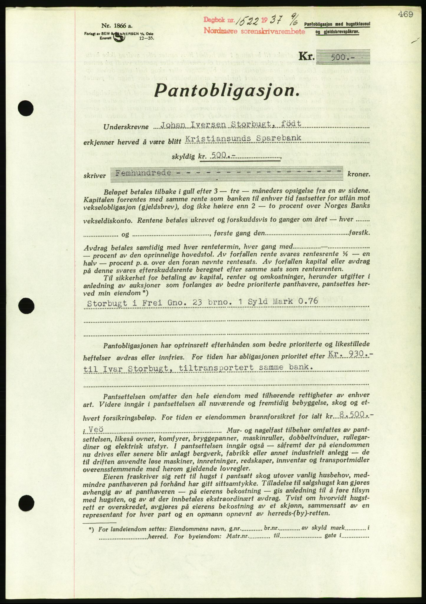 Nordmøre sorenskriveri, AV/SAT-A-4132/1/2/2Ca/L0091: Mortgage book no. B81, 1937-1937, Diary no: : 1522/1937