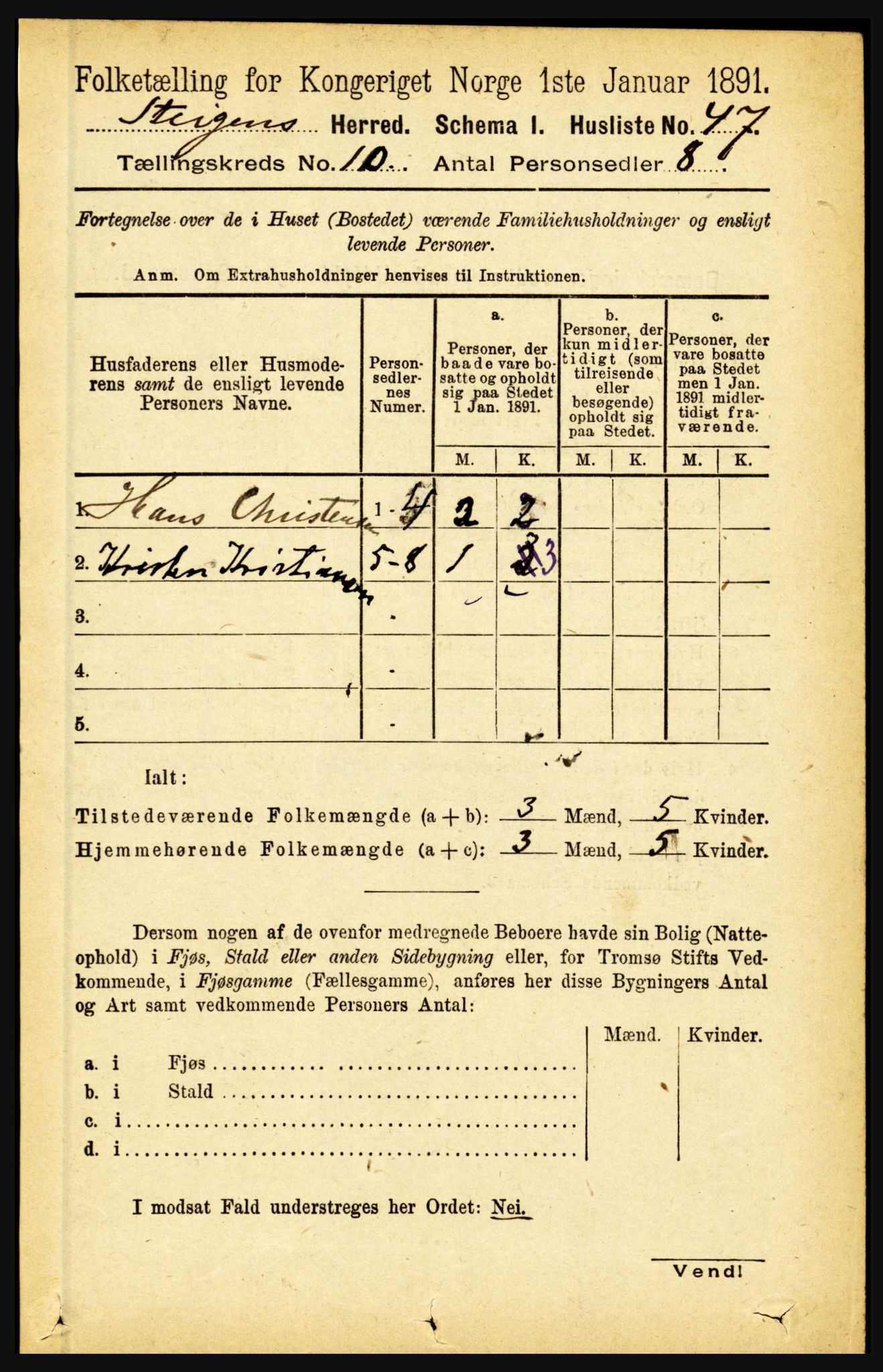 RA, 1891 census for 1848 Steigen, 1891, p. 3444