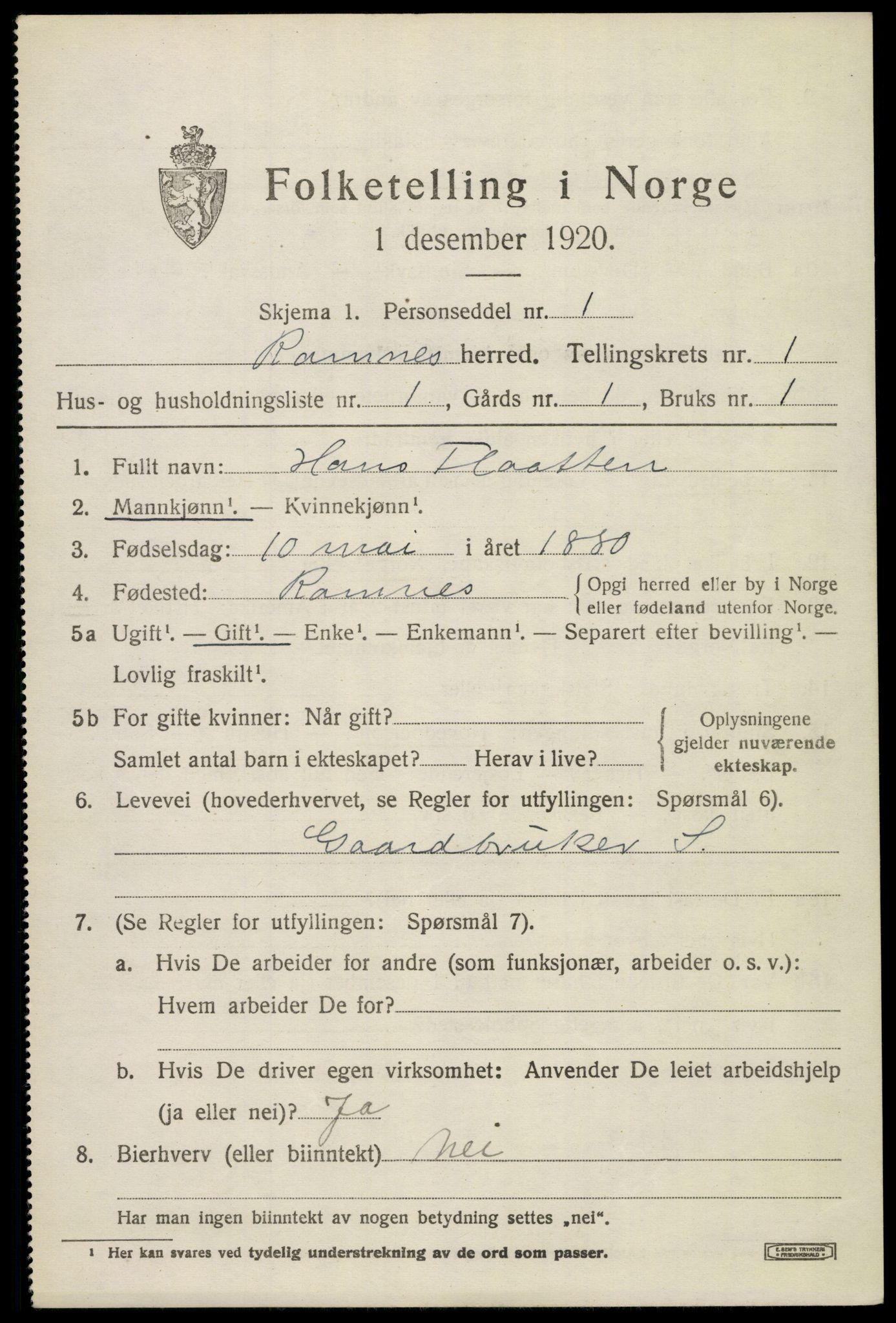 SAKO, 1920 census for Ramnes, 1920, p. 1158