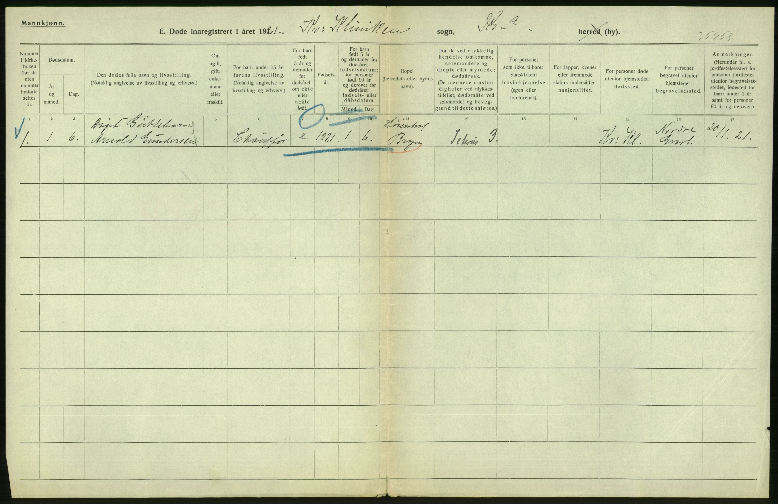 Statistisk sentralbyrå, Sosiodemografiske emner, Befolkning, AV/RA-S-2228/D/Df/Dfc/Dfca/L0013: Kristiania: Døde, dødfødte, 1921, p. 224