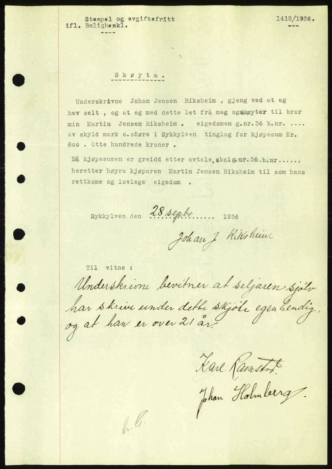 Nordre Sunnmøre sorenskriveri, AV/SAT-A-0006/1/2/2C/2Ca: Mortgage book no. A2, 1936-1937, Diary no: : 1412/1936