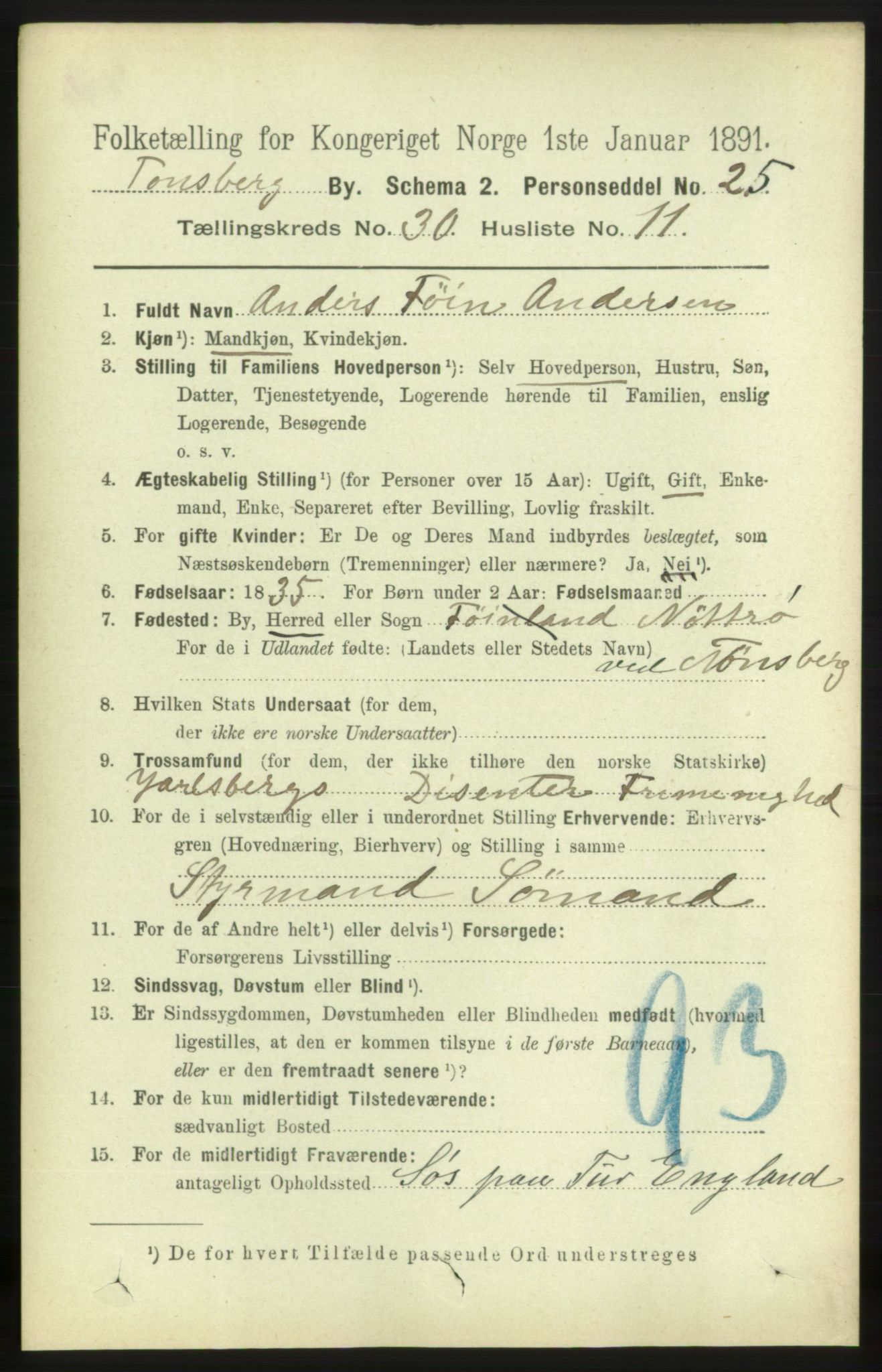 RA, 1891 census for 0705 Tønsberg, 1891, p. 7367