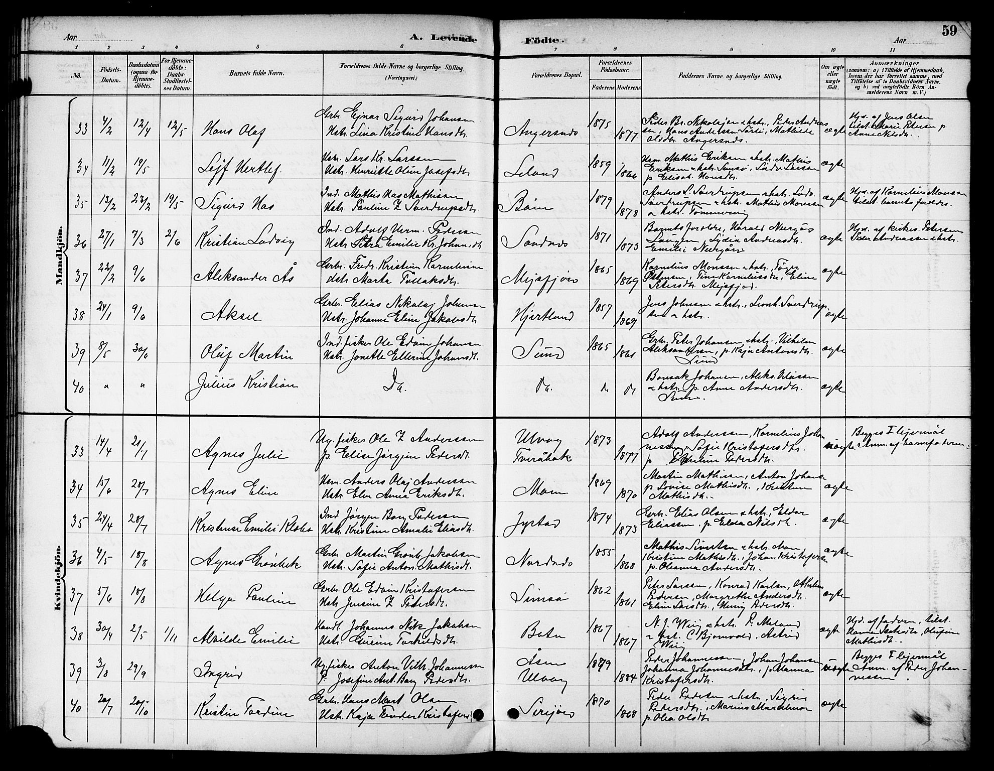 Ministerialprotokoller, klokkerbøker og fødselsregistre - Nordland, SAT/A-1459/831/L0478: Parish register (copy) no. 831C05, 1892-1909, p. 59