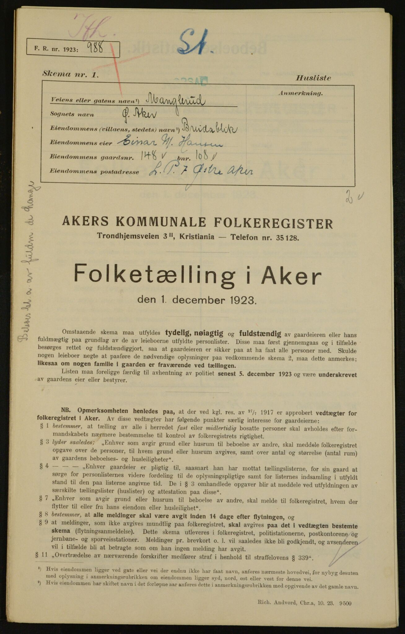 , Municipal Census 1923 for Aker, 1923, p. 28849