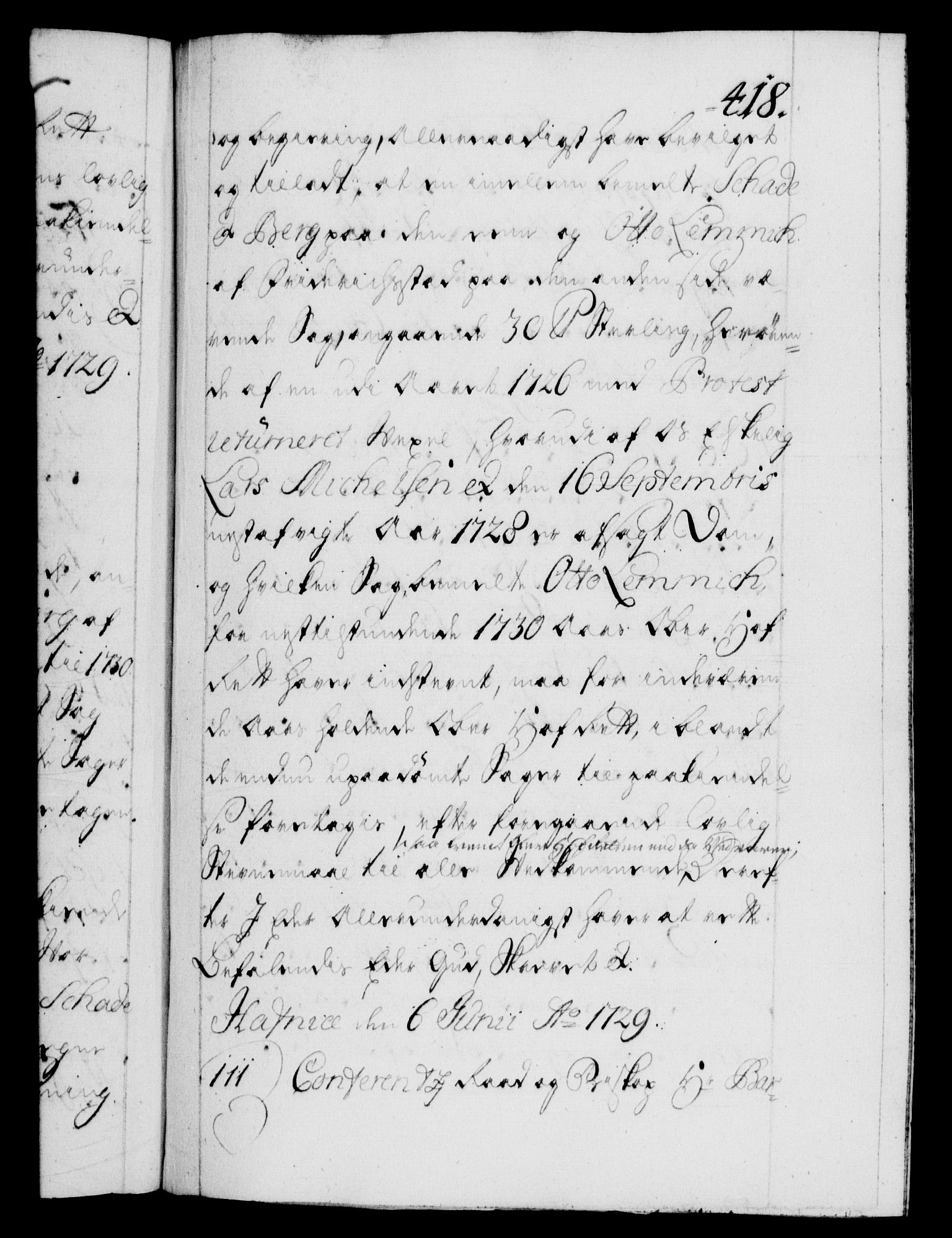 Danske Kanselli 1572-1799, AV/RA-EA-3023/F/Fc/Fca/Fcab/L0024: Norske tegnelser, 1728-1730, p. 418a
