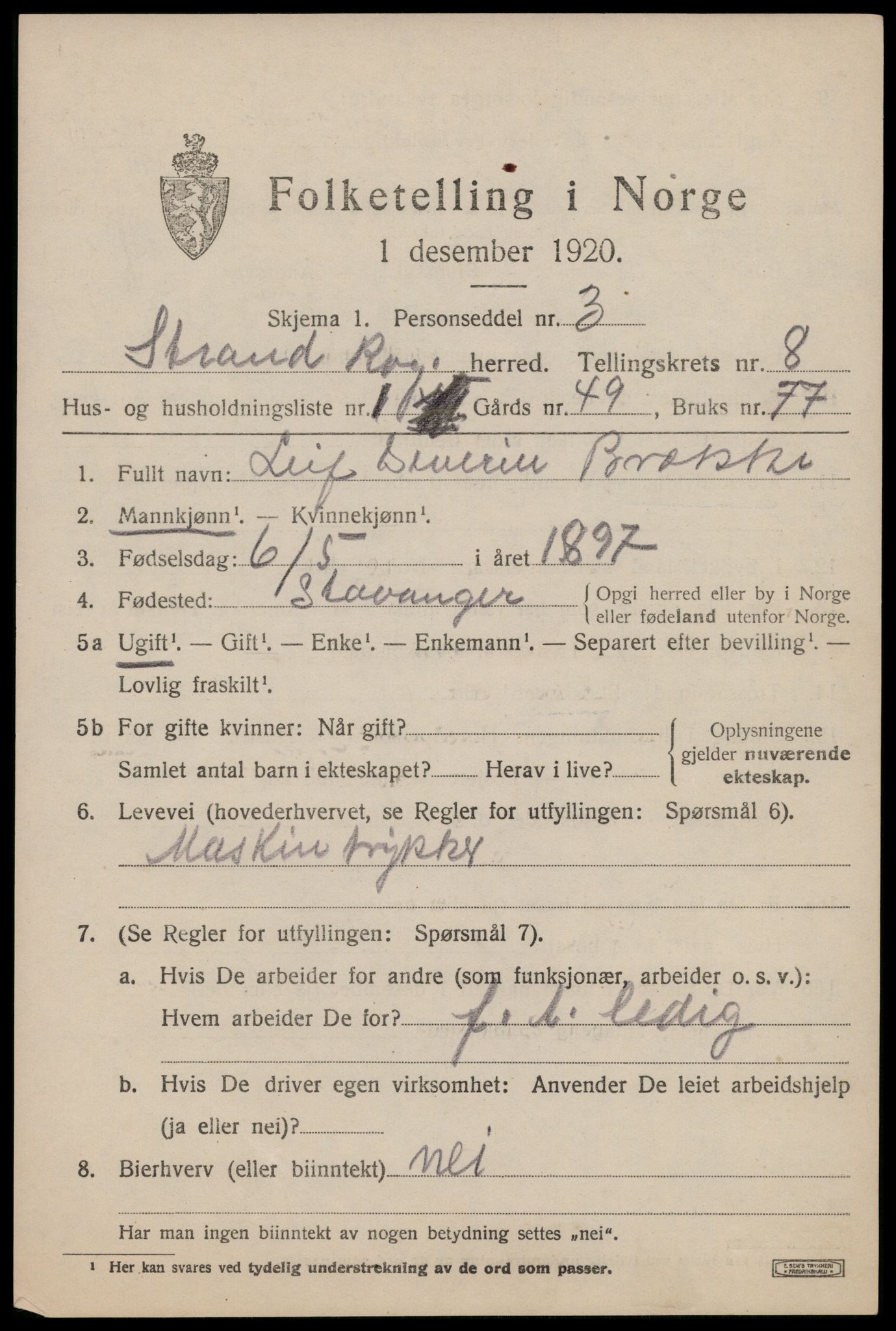 SAST, 1920 census for Strand, 1920, p. 4938