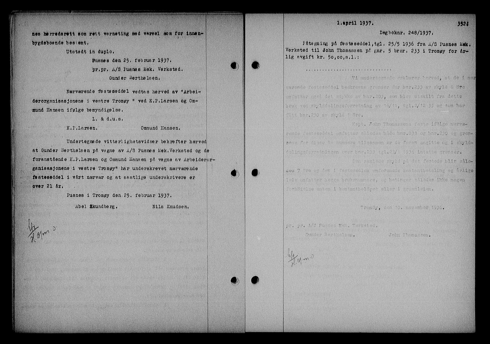 Nedenes sorenskriveri, SAK/1221-0006/G/Gb/Gba/L0043: Mortgage book no. 39, 1936-1937, Diary no: : 248/1937
