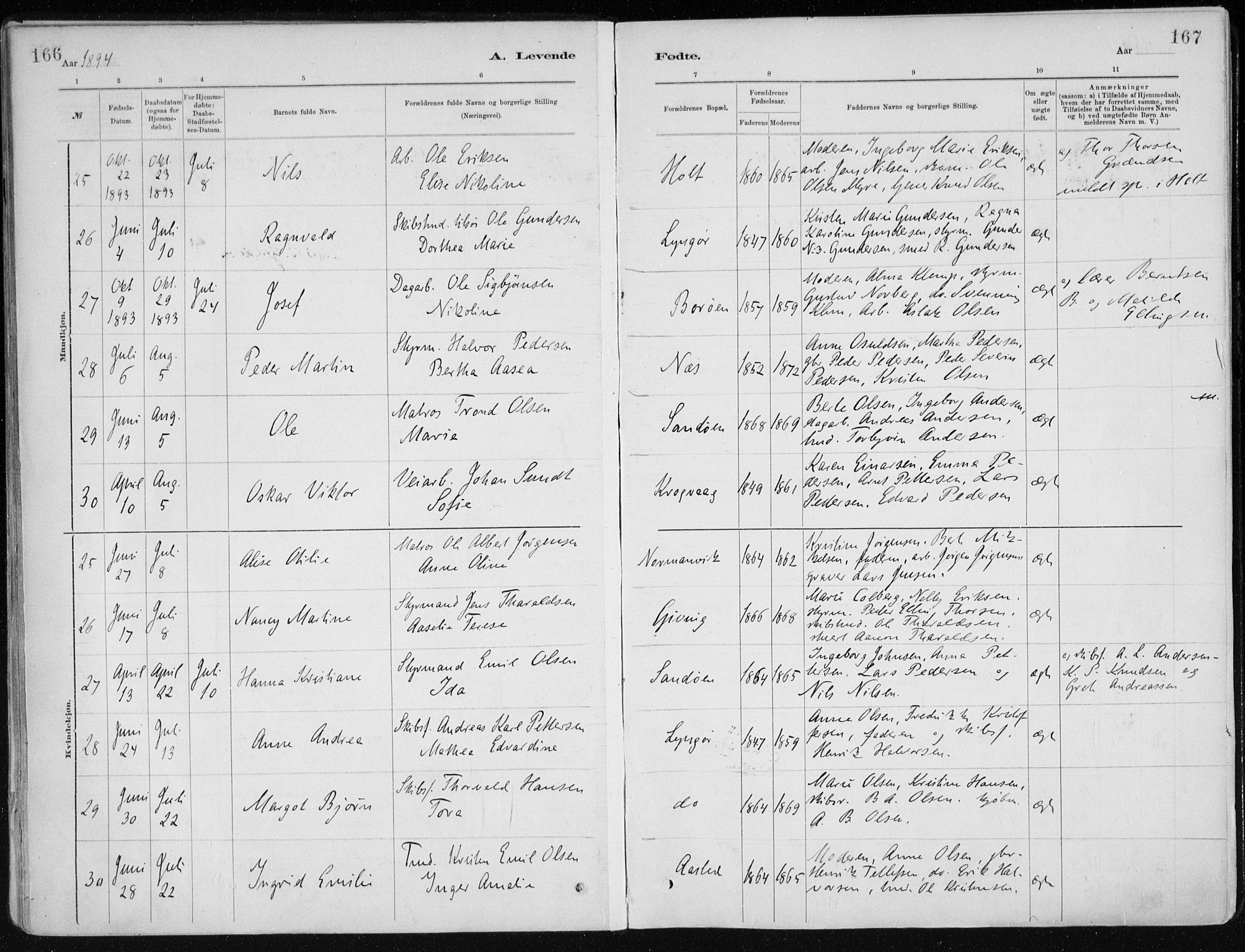 Dypvåg sokneprestkontor, AV/SAK-1111-0007/F/Fa/Faa/L0008: Parish register (official) no. A 8, 1885-1906, p. 166-167