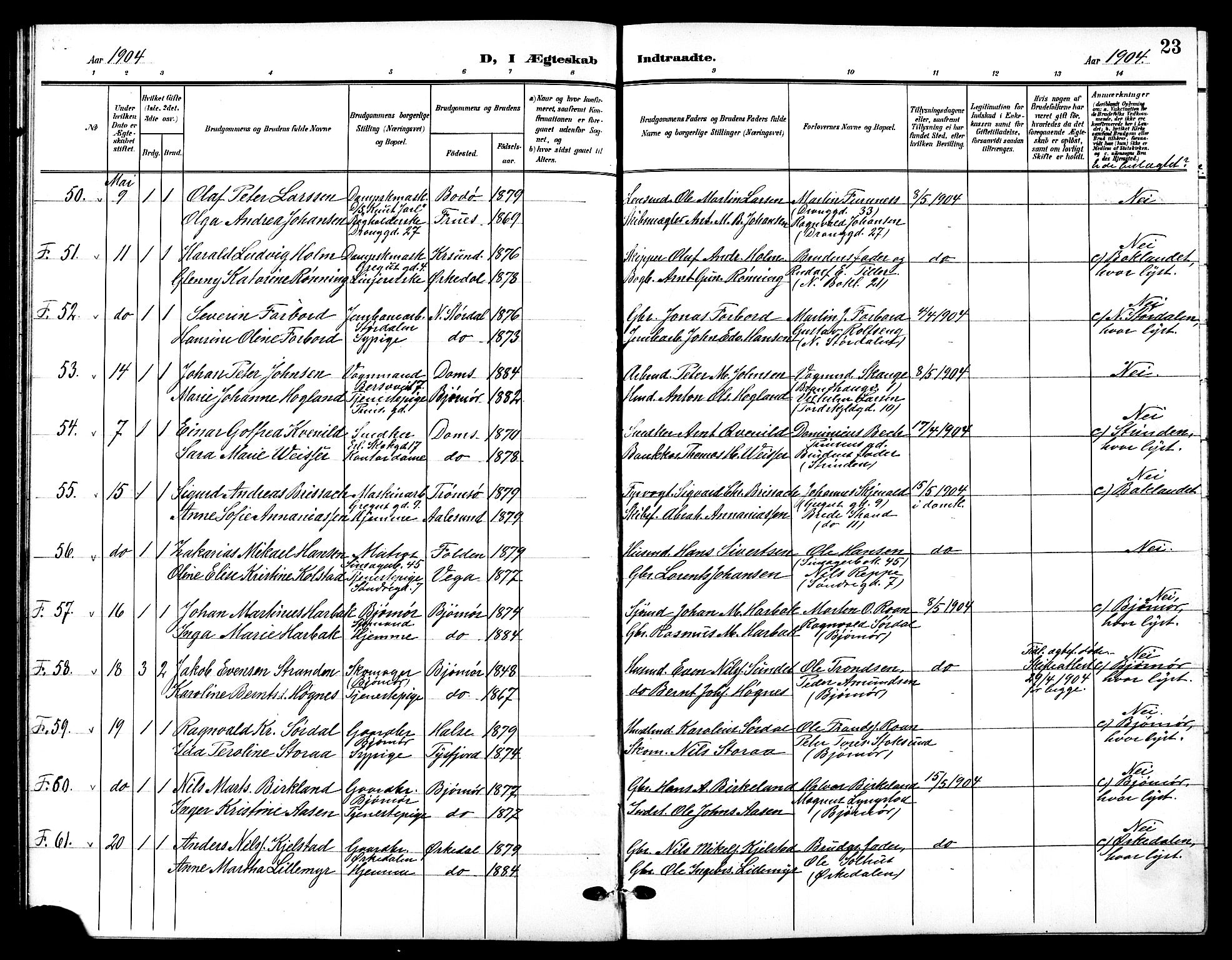 Ministerialprotokoller, klokkerbøker og fødselsregistre - Sør-Trøndelag, AV/SAT-A-1456/601/L0095: Parish register (copy) no. 601C13, 1902-1911, p. 23