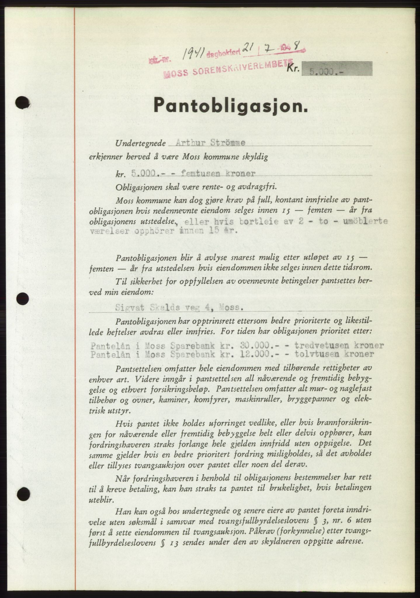 Moss sorenskriveri, AV/SAO-A-10168: Mortgage book no. B20, 1948-1948, Diary no: : 1941/1948