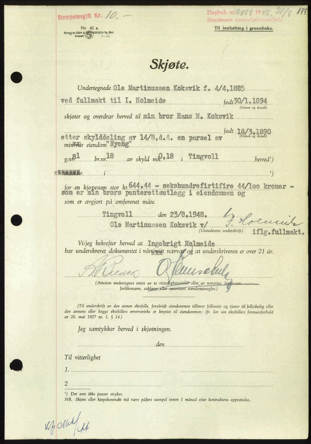 Nordmøre sorenskriveri, AV/SAT-A-4132/1/2/2Ca: Mortgage book no. A109, 1948-1948, Diary no: : 2458/1948