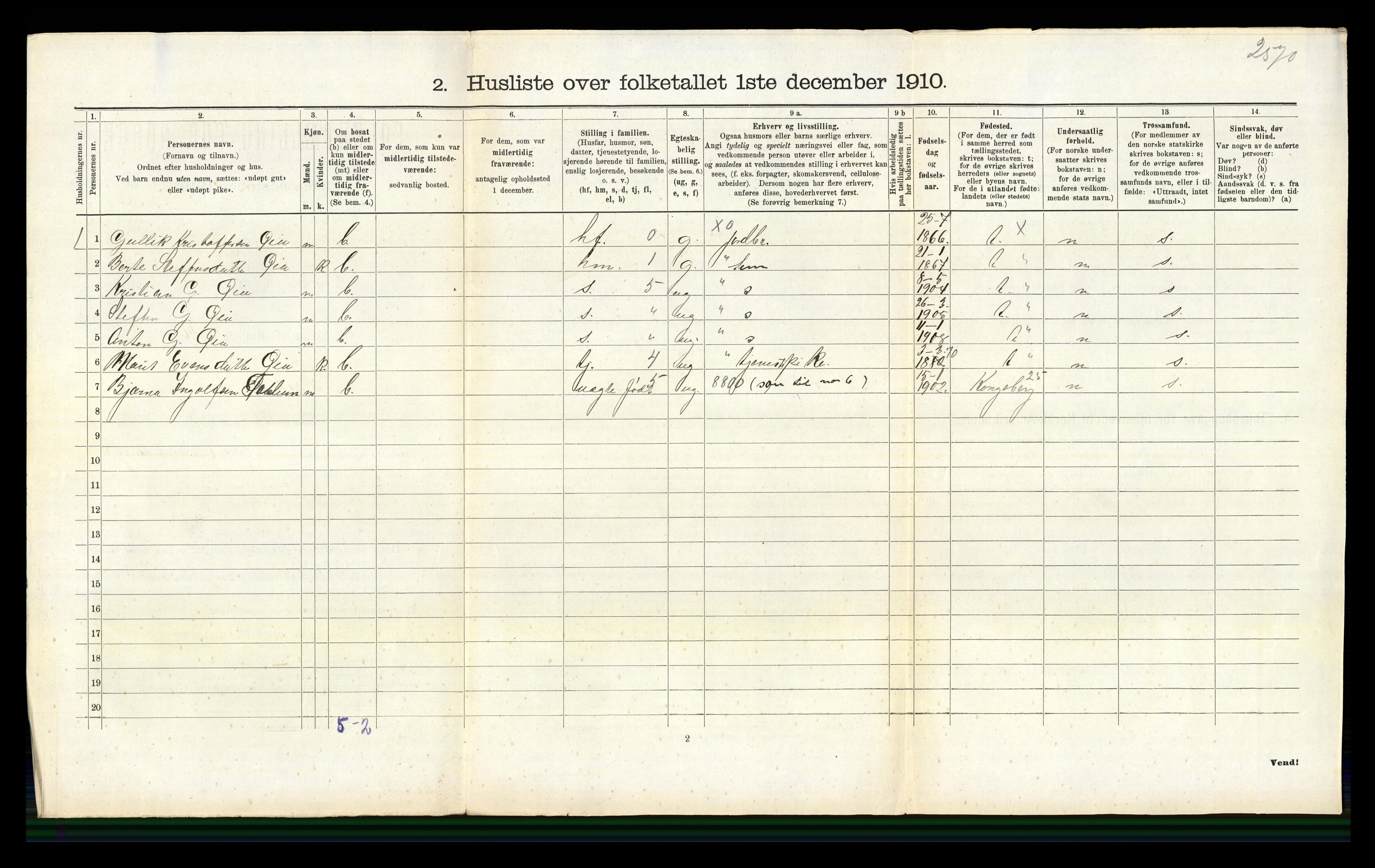 RA, 1910 census for Flesberg, 1910, p. 210