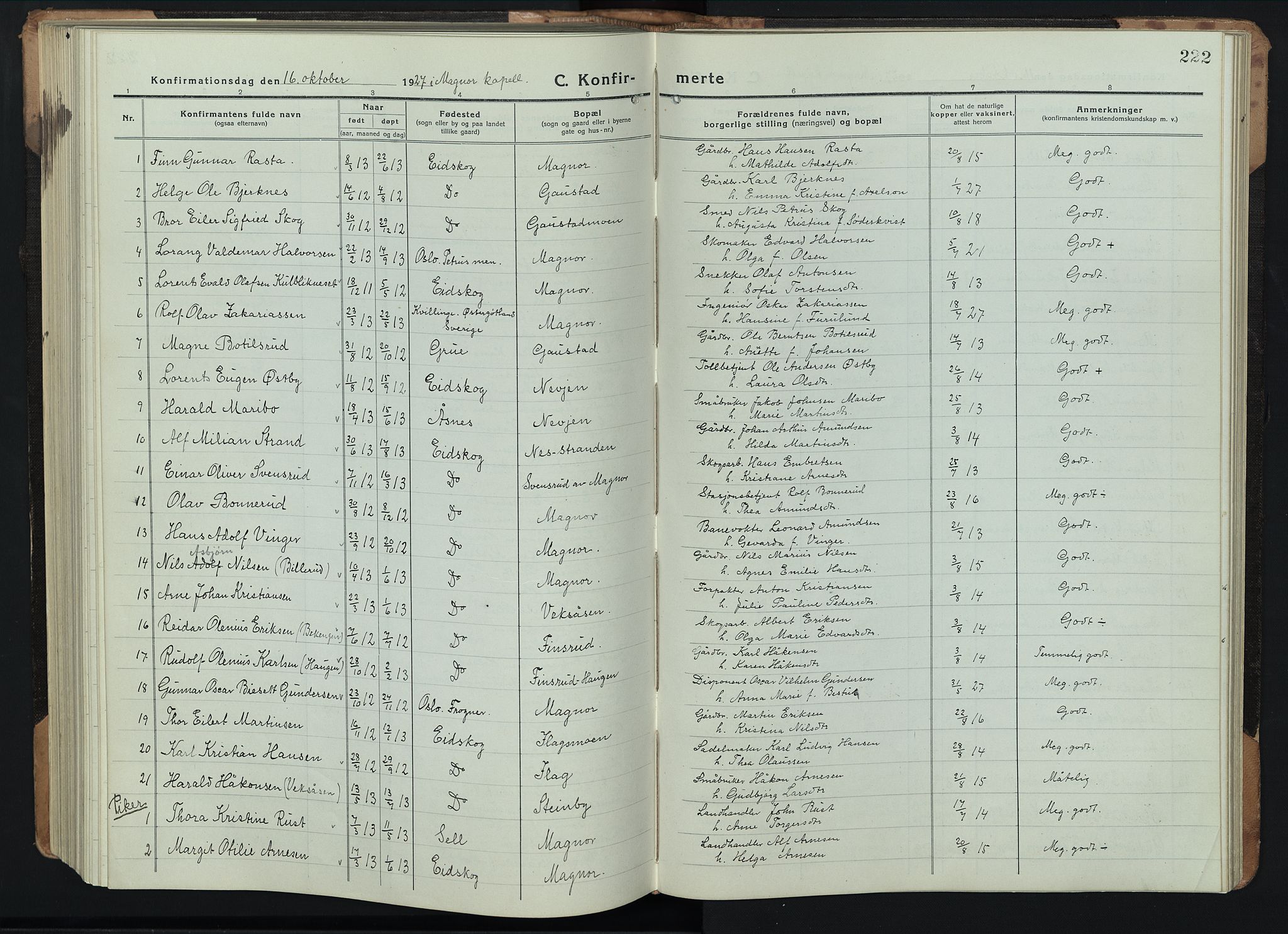 Eidskog prestekontor, SAH/PREST-026/H/Ha/Hab/L0005: Parish register (copy) no. 5, 1916-1946, p. 222