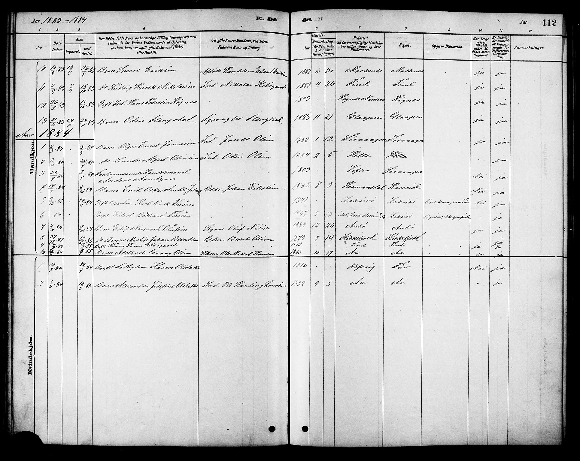 Ministerialprotokoller, klokkerbøker og fødselsregistre - Nordland, AV/SAT-A-1459/886/L1219: Parish register (official) no. 886A01, 1878-1892, p. 112