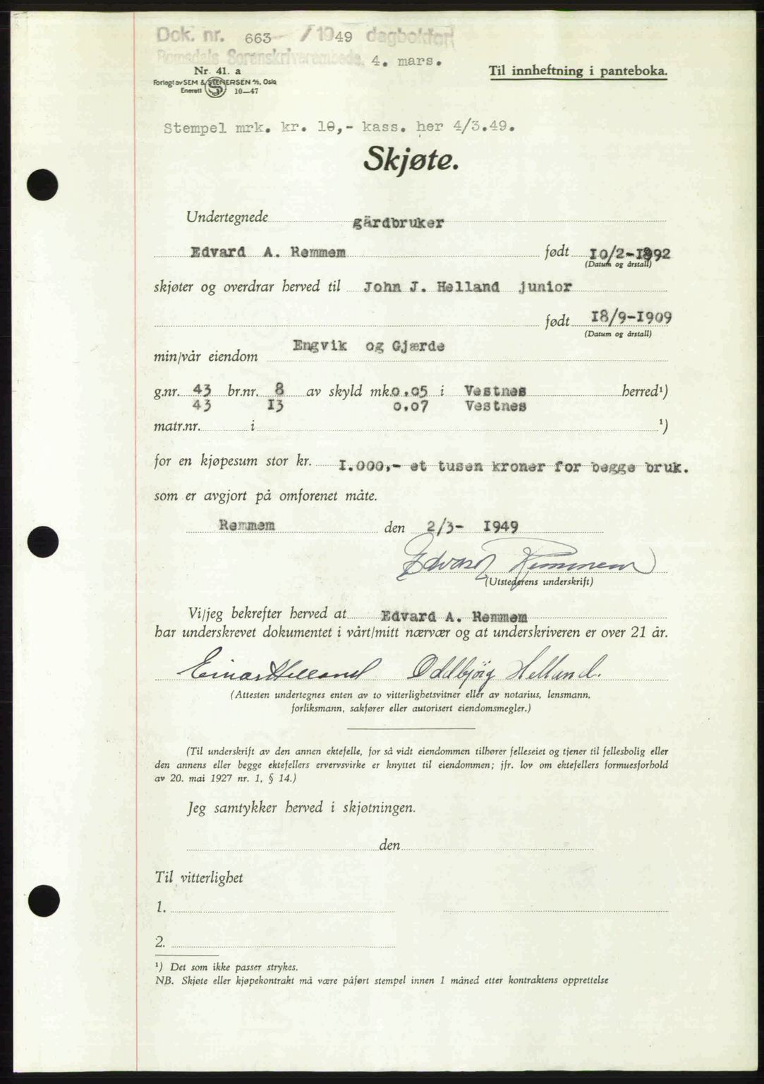 Romsdal sorenskriveri, AV/SAT-A-4149/1/2/2C: Mortgage book no. A29, 1949-1949, Diary no: : 663/1949