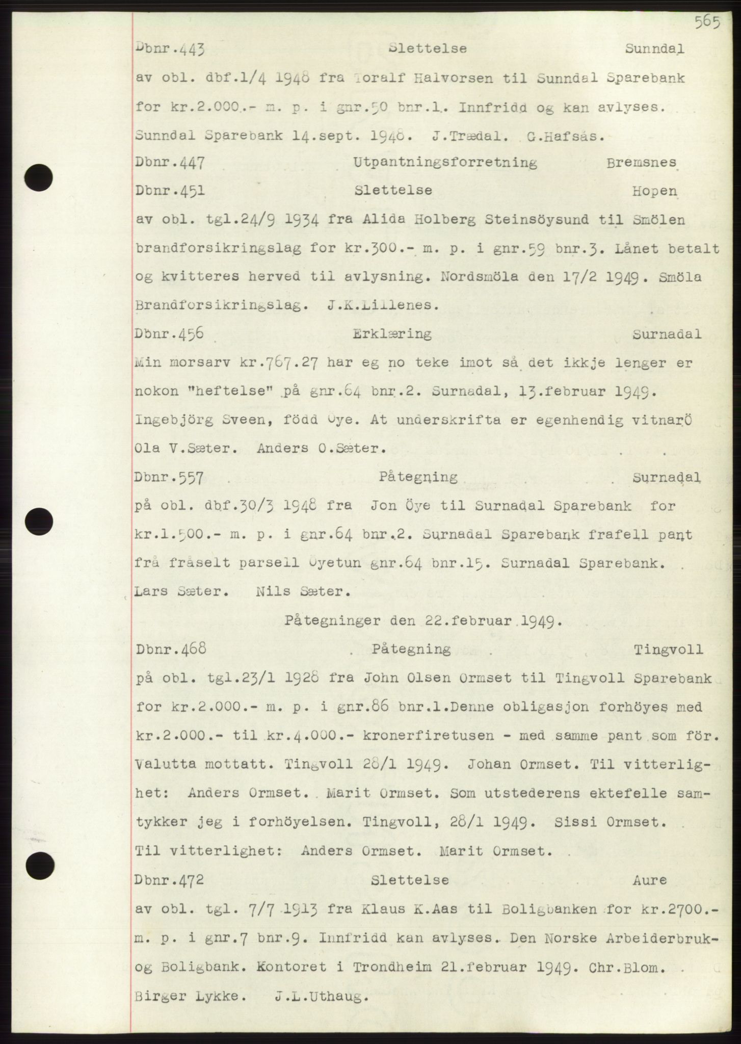 Nordmøre sorenskriveri, SAT/A-4132/1/2/2Ca: Mortgage book no. C82b, 1946-1951, Diary no: : 443/1949