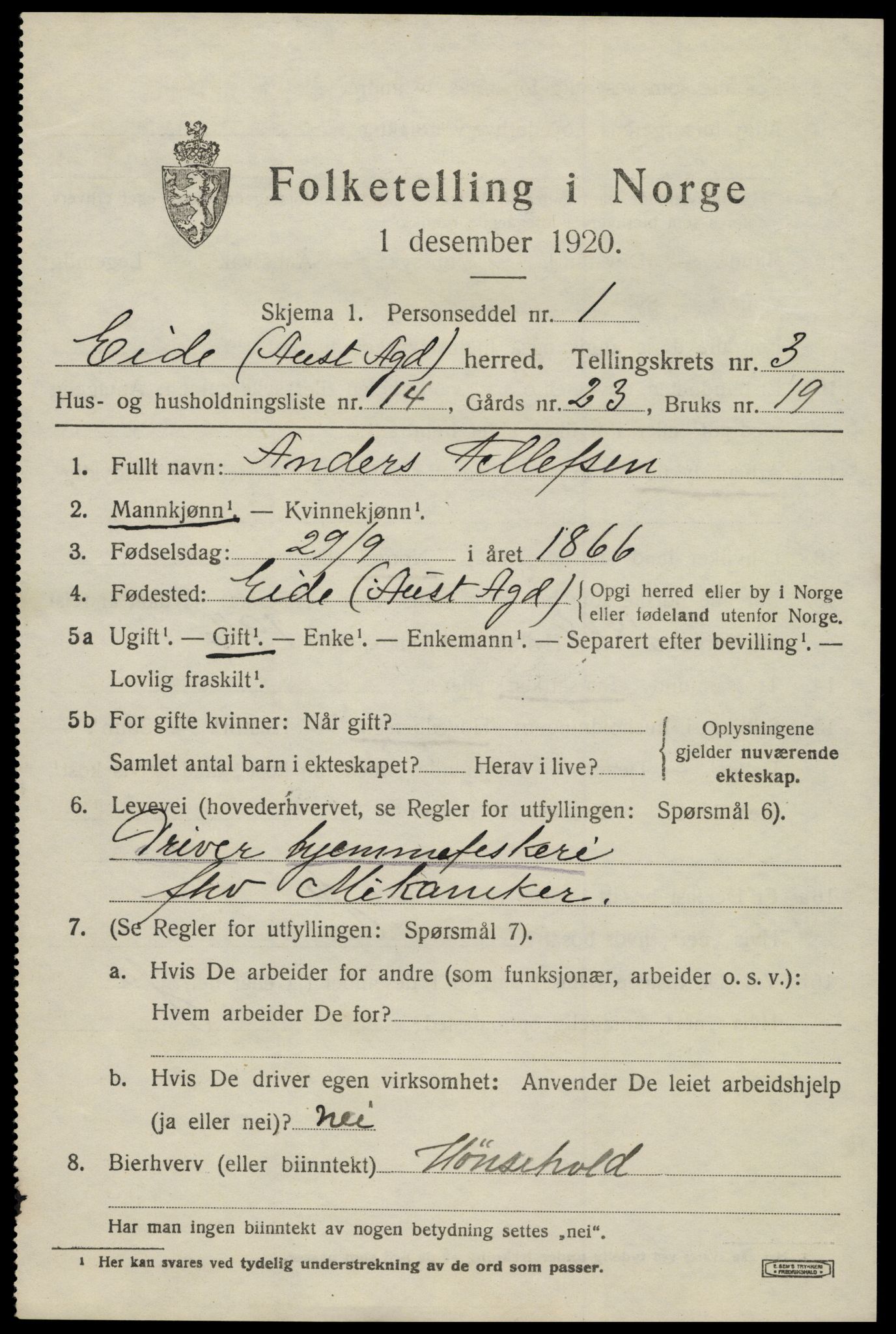 SAK, 1920 census for Eide, 1920, p. 1038