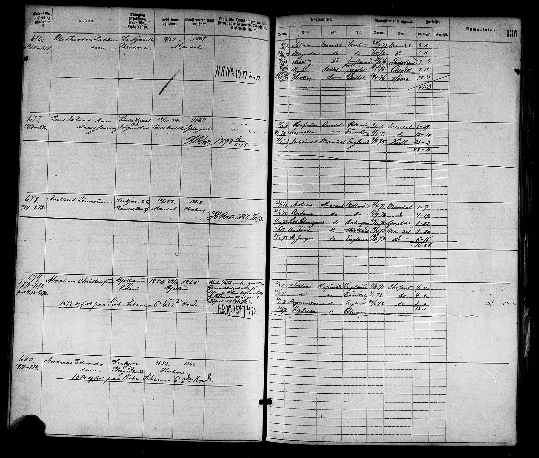 Mandal mønstringskrets, AV/SAK-2031-0016/F/Fa/L0001: Annotasjonsrulle nr 1-1920 med register, L-3, 1869-1881, p. 167