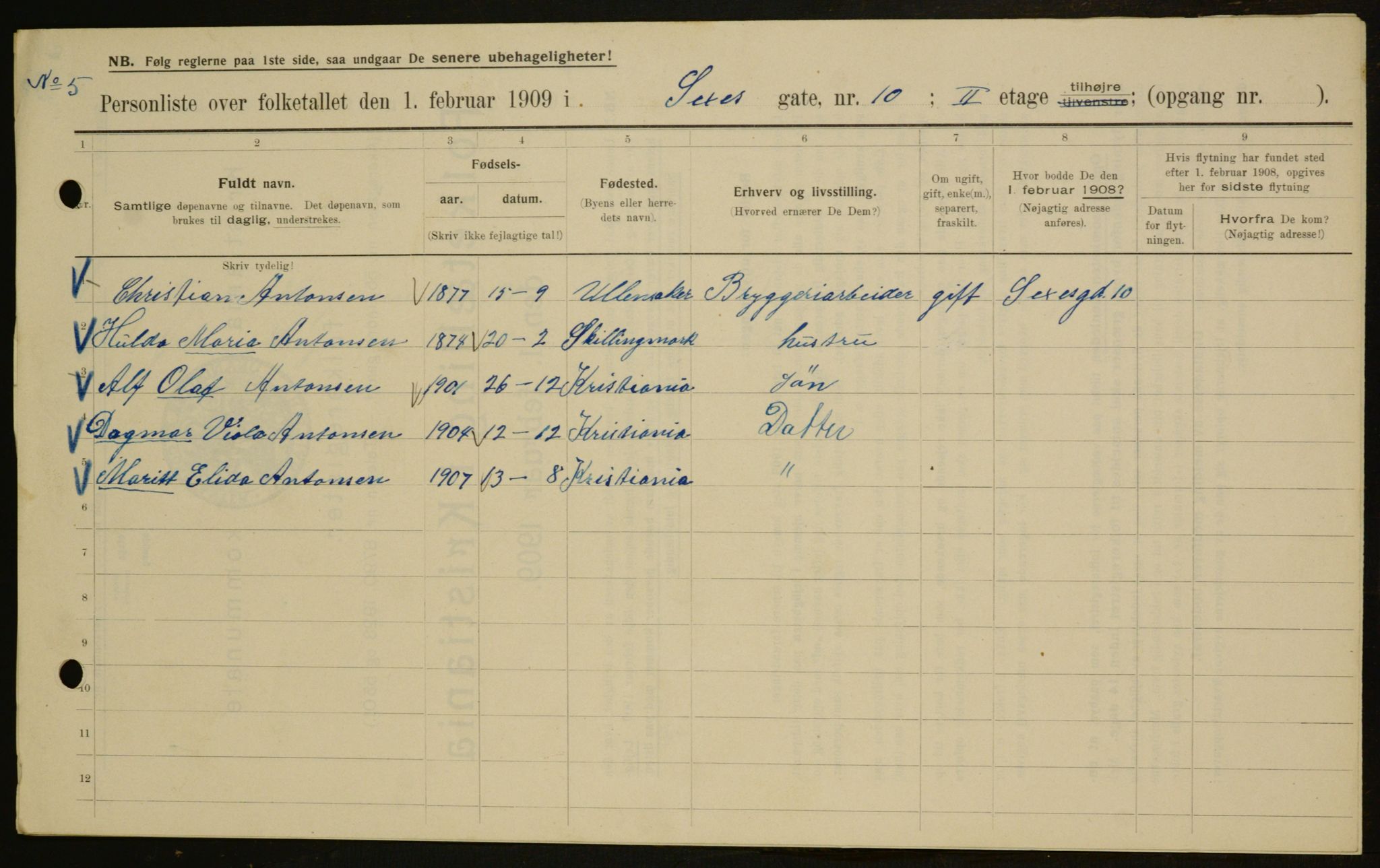 OBA, Municipal Census 1909 for Kristiania, 1909, p. 86006