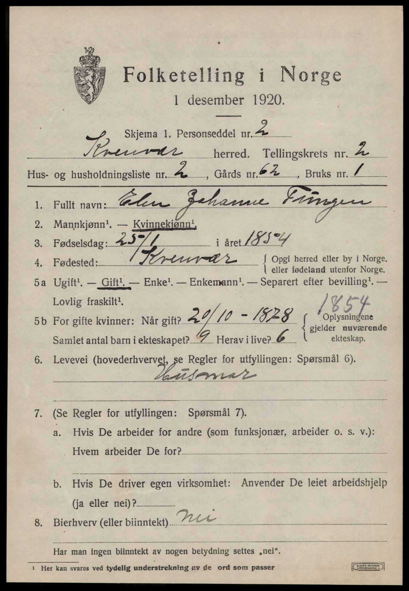 SAT, 1920 census for Kvenvær, 1920, p. 754