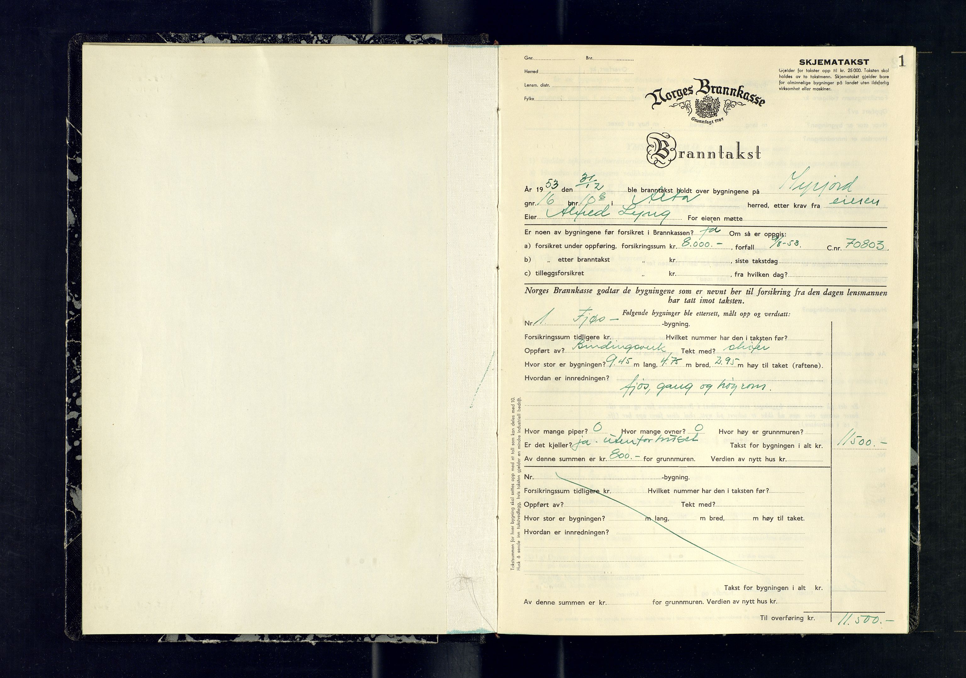 Alta lensmannskontor, SATØ/S-1165/O/Ob/L0186: Branntakstprotokoll, 1953-1955, p. 1