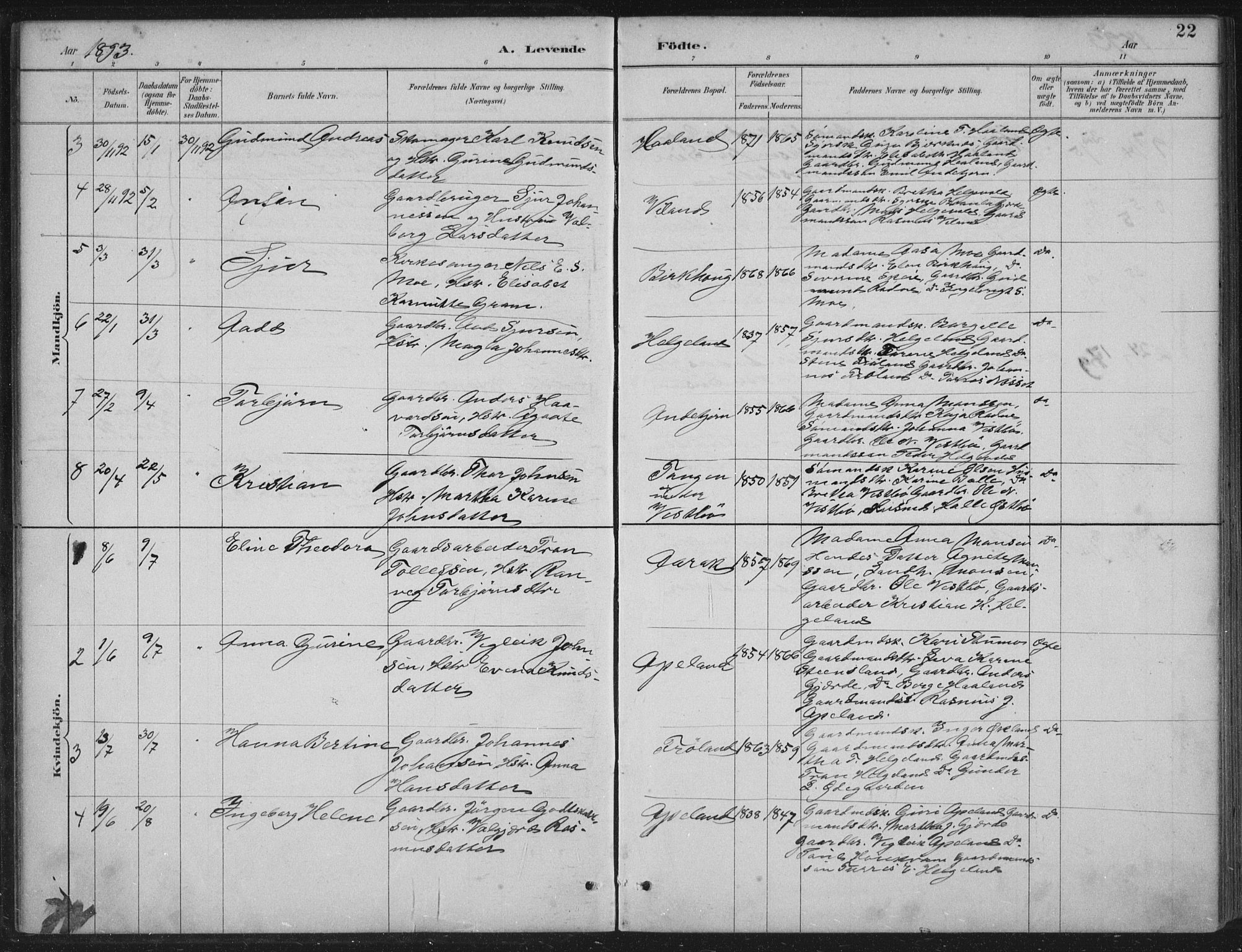 Vikedal sokneprestkontor, AV/SAST-A-101840/01/IV: Parish register (official) no. A 11, 1884-1933, p. 22