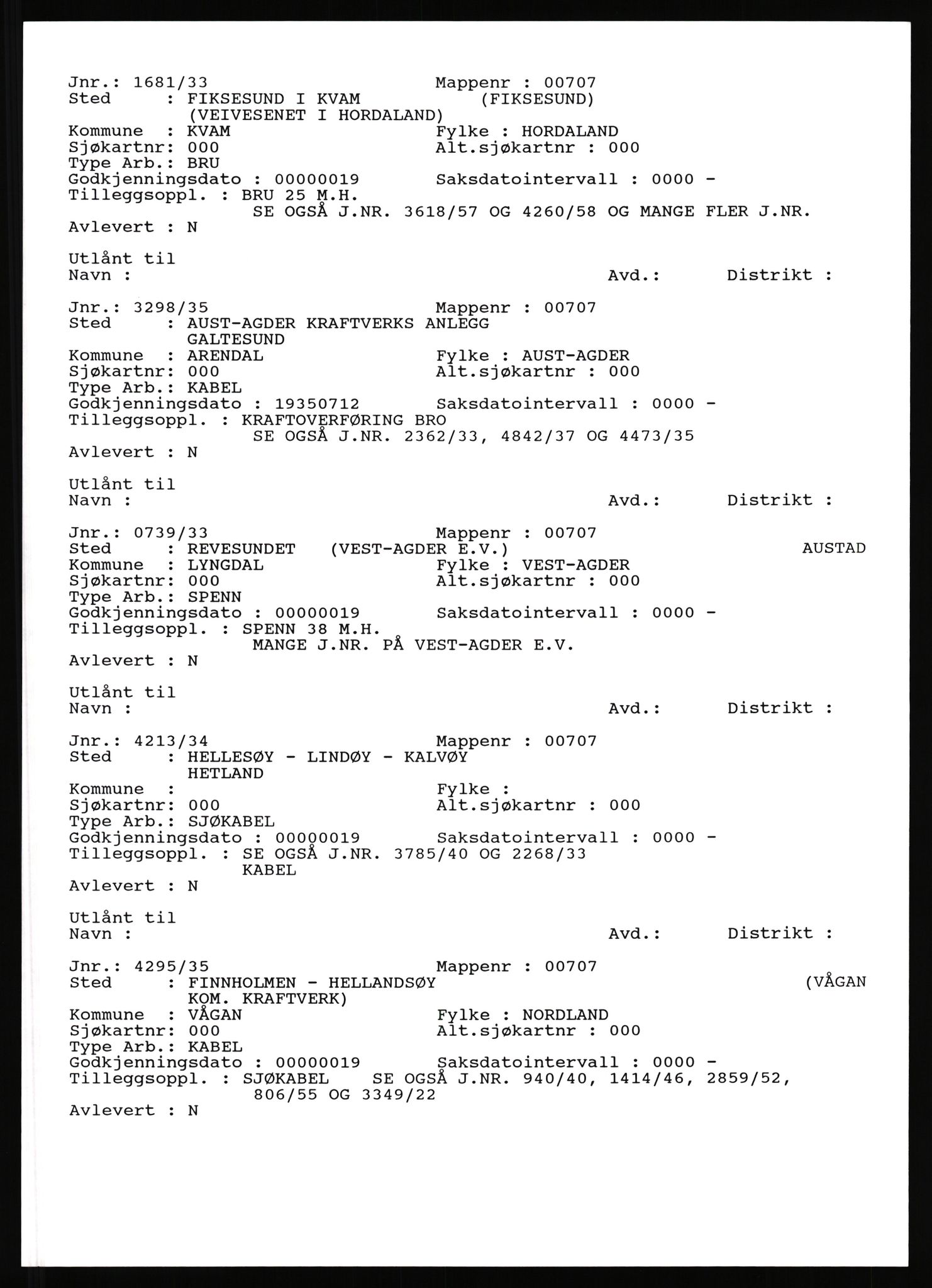 Havnedirektoratet, AV/RA-S-1604/2/C/L0054: Register over Bruer og kraftoverføringer, 1922-1991, p. 6