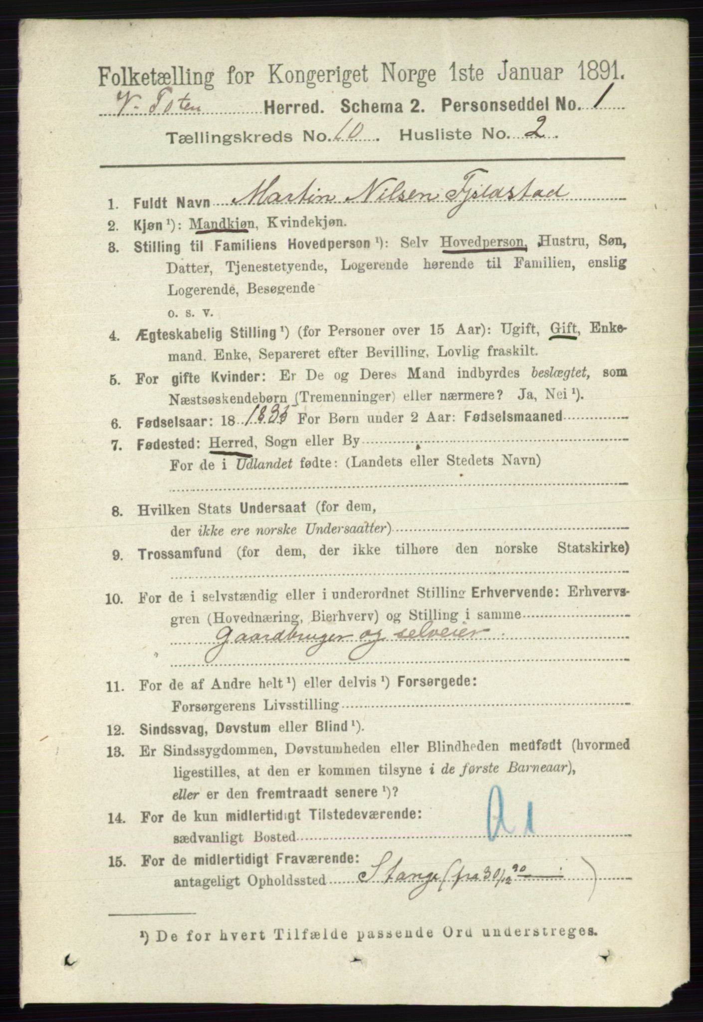 RA, 1891 census for 0529 Vestre Toten, 1891, p. 6188