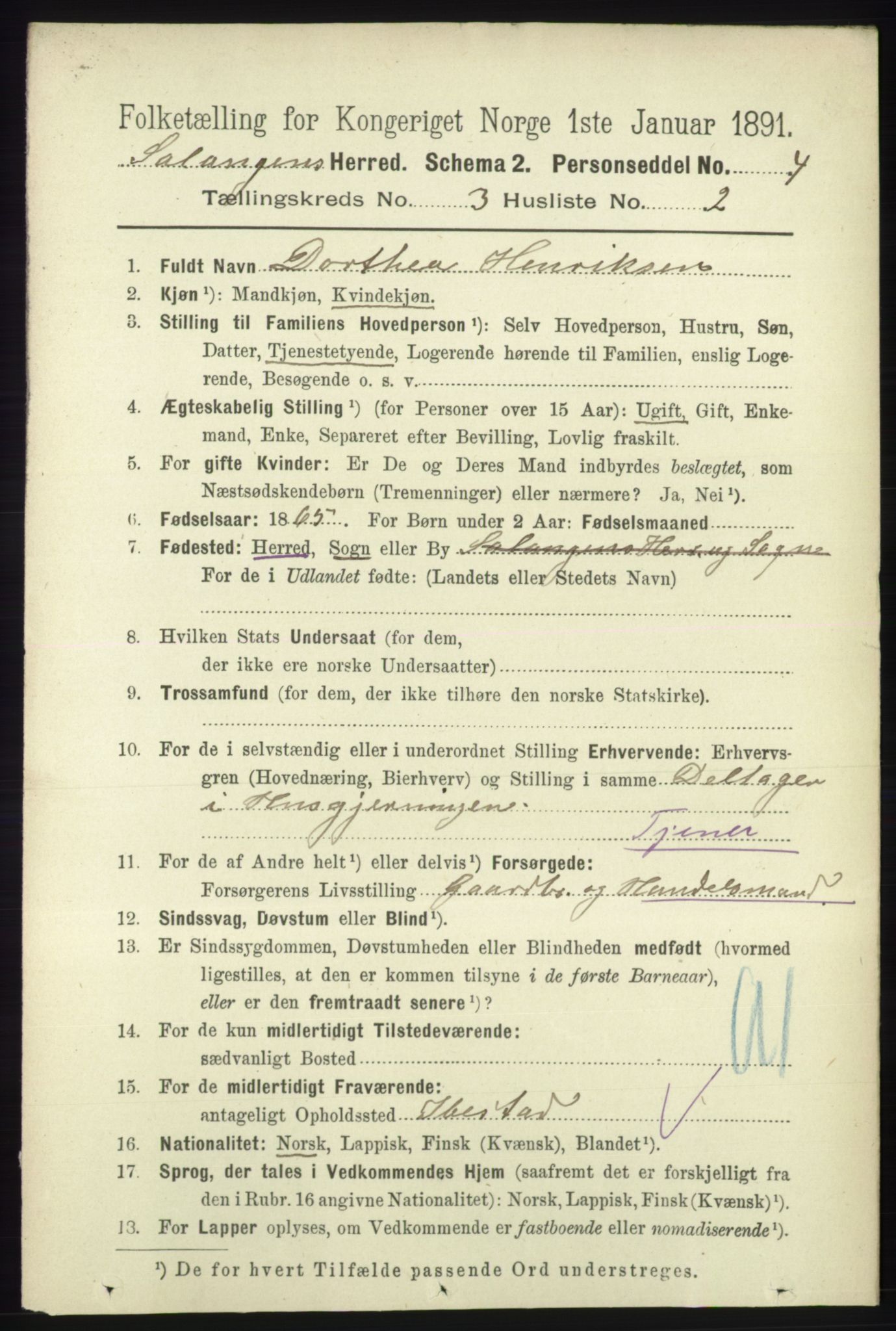 RA, 1891 census for 1921 Salangen, 1891, p. 1242