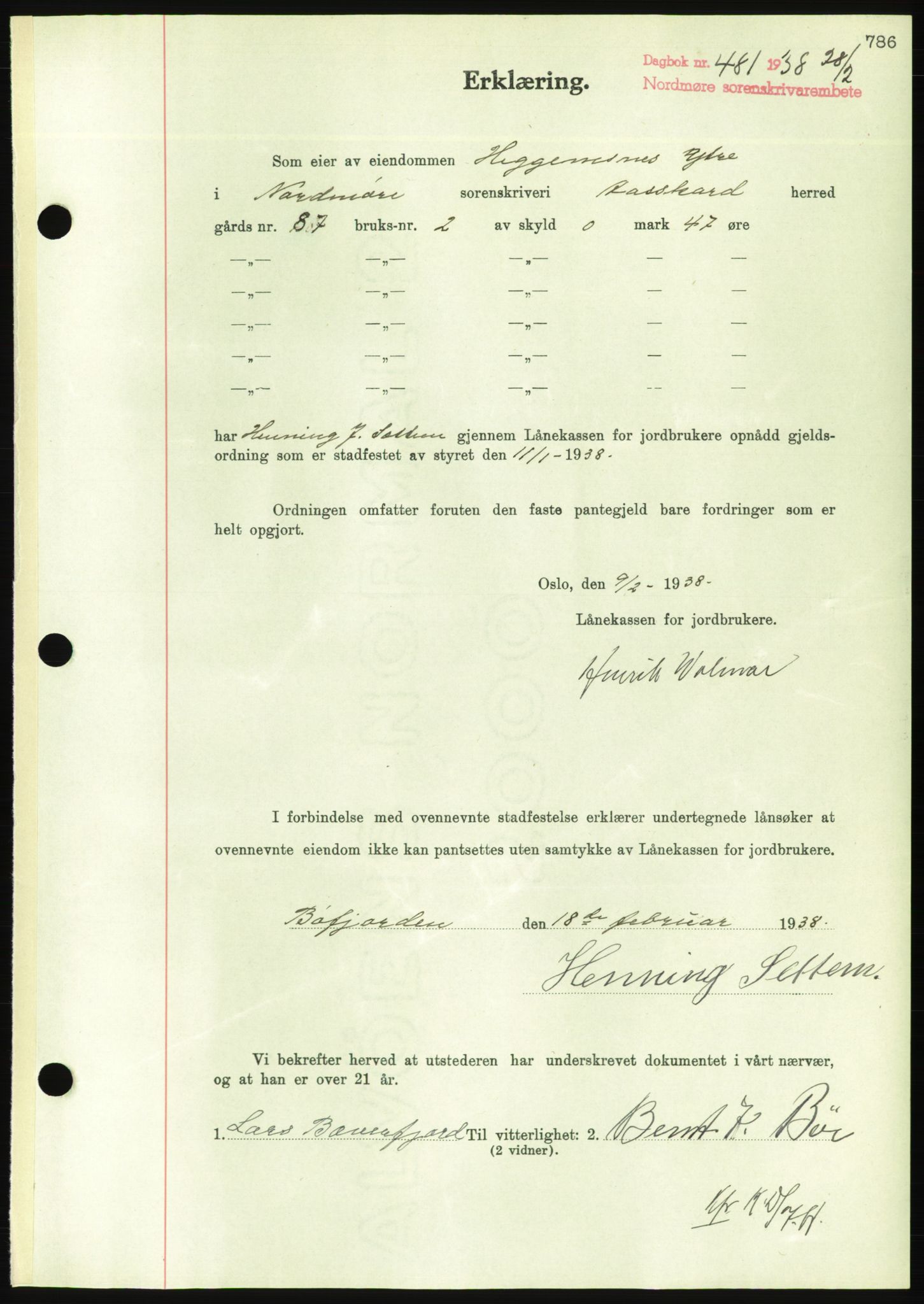 Nordmøre sorenskriveri, AV/SAT-A-4132/1/2/2Ca/L0092: Mortgage book no. B82, 1937-1938, Diary no: : 481/1938