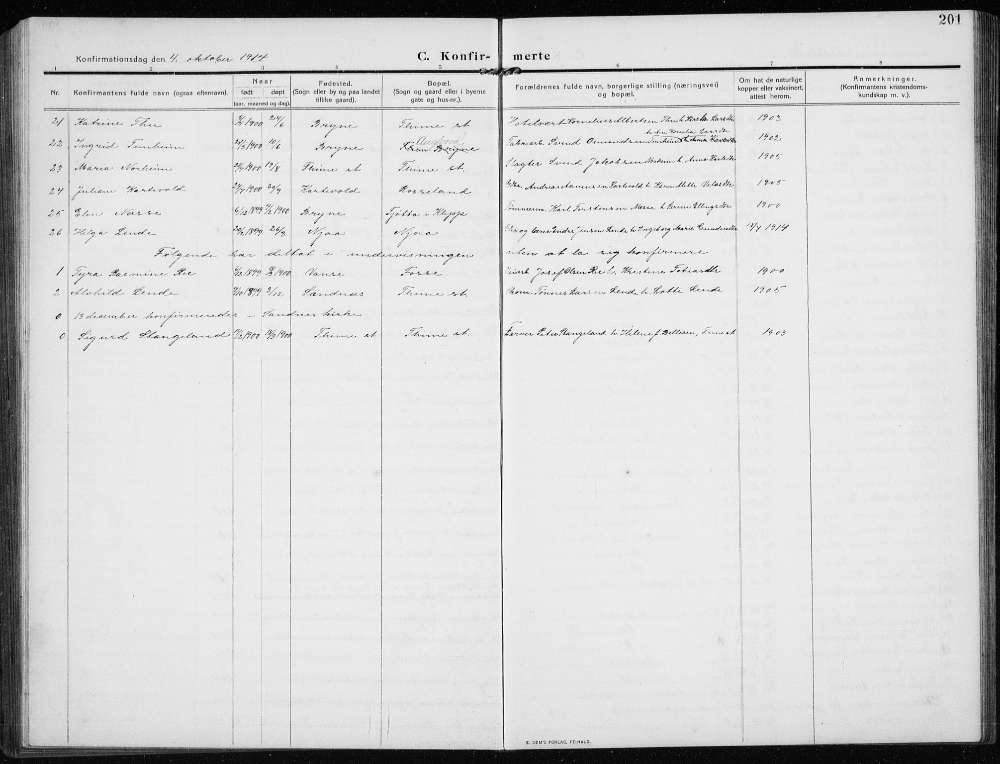 Time sokneprestkontor, SAST/A-101795/001/30BB/L0001: Parish register (copy) no. B 1, 1910-1932, p. 201